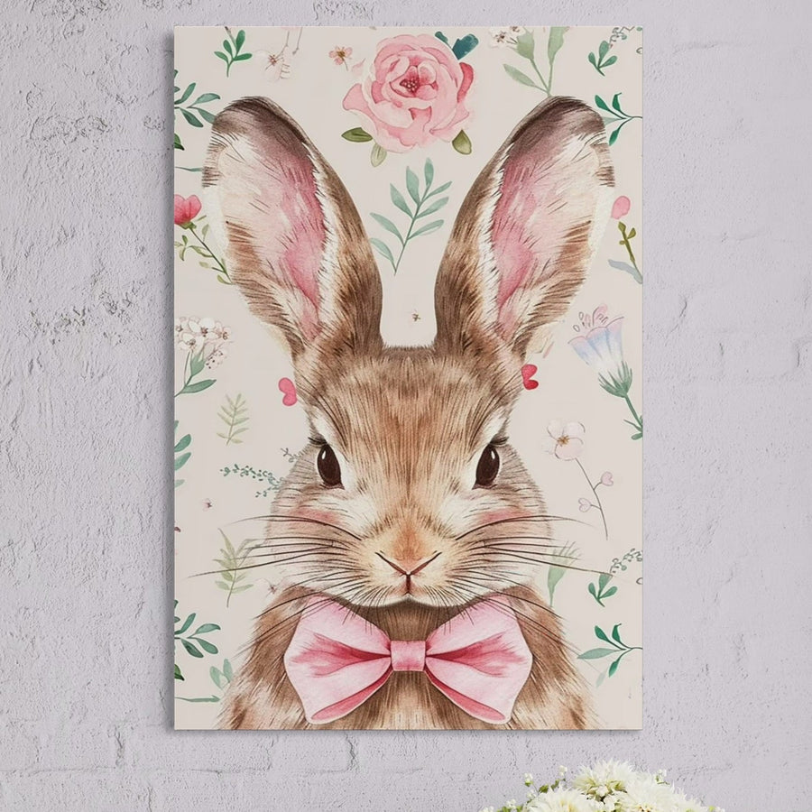 Tablou Canvas Premium LuxCanva® K1037, "Domnul Iepurila", ilustrează un iepuraș maro cu urechi mari și papion roz pe fundal floral pastelat, imprimat pe panza bumbac de calitate premium - ideal pentru camera copilului sau dormitor.