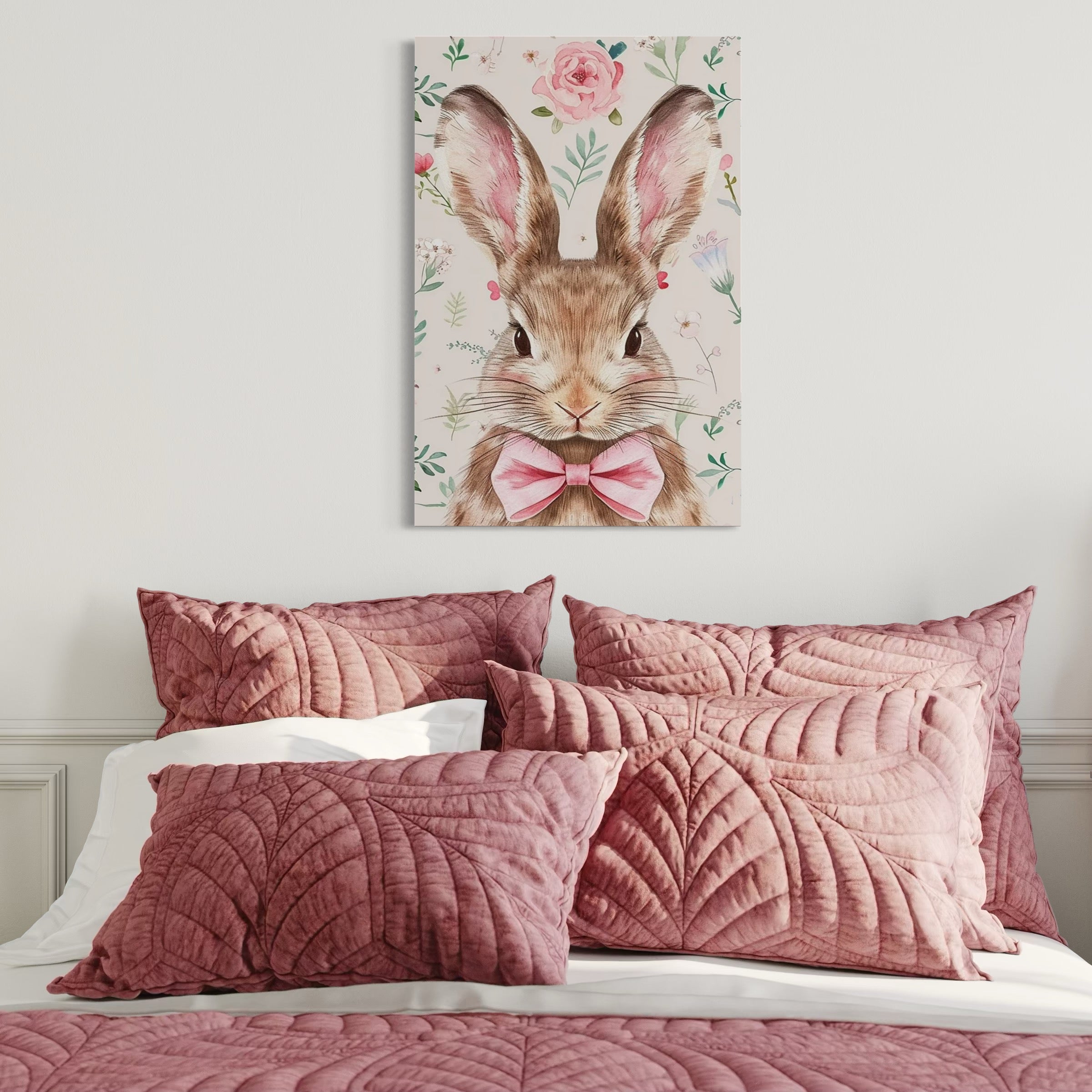 Tablou Canvas Premium, LuxCanva® K1037, Domnul Iepurila, Elegant, Papion, Roz, Gingas, Dichisit, Primavaratic, Blanita, Floral, Vibe, Pastel, Armonie, Animalut, Cadou, Camera Copil, Dormitor