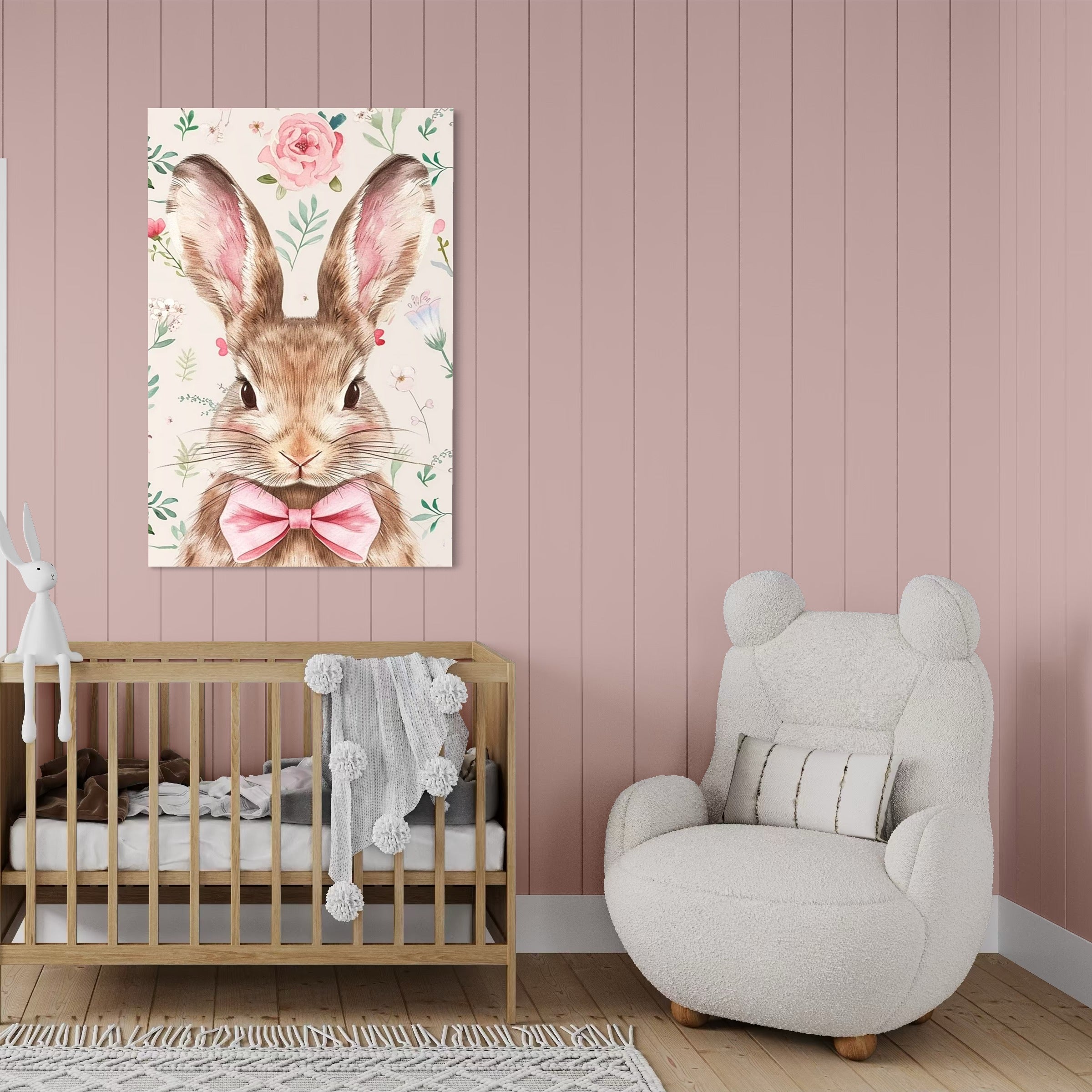 Tablou Canvas Premium, LuxCanva® K1037, Domnul Iepurila, Elegant, Papion, Roz, Gingas, Dichisit, Primavaratic, Blanita, Floral, Vibe, Pastel, Armonie, Animalut, Cadou, Camera Copil, Dormitor