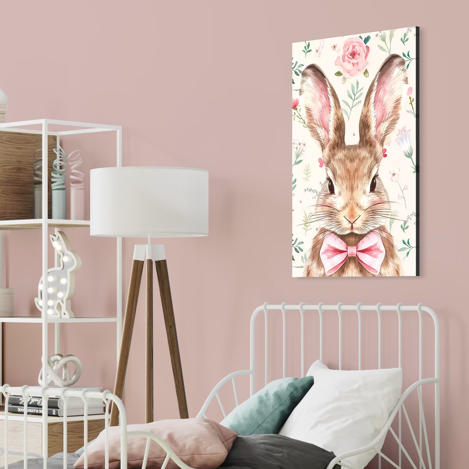 Tablou Canvas Premium, LuxCanva® K1037, Domnul Iepurila, Elegant, Papion, Roz, Gingas, Dichisit, Primavaratic, Blanita, Floral, Vibe, Pastel, Armonie, Animalut, Cadou, Camera Copil, Dormitor