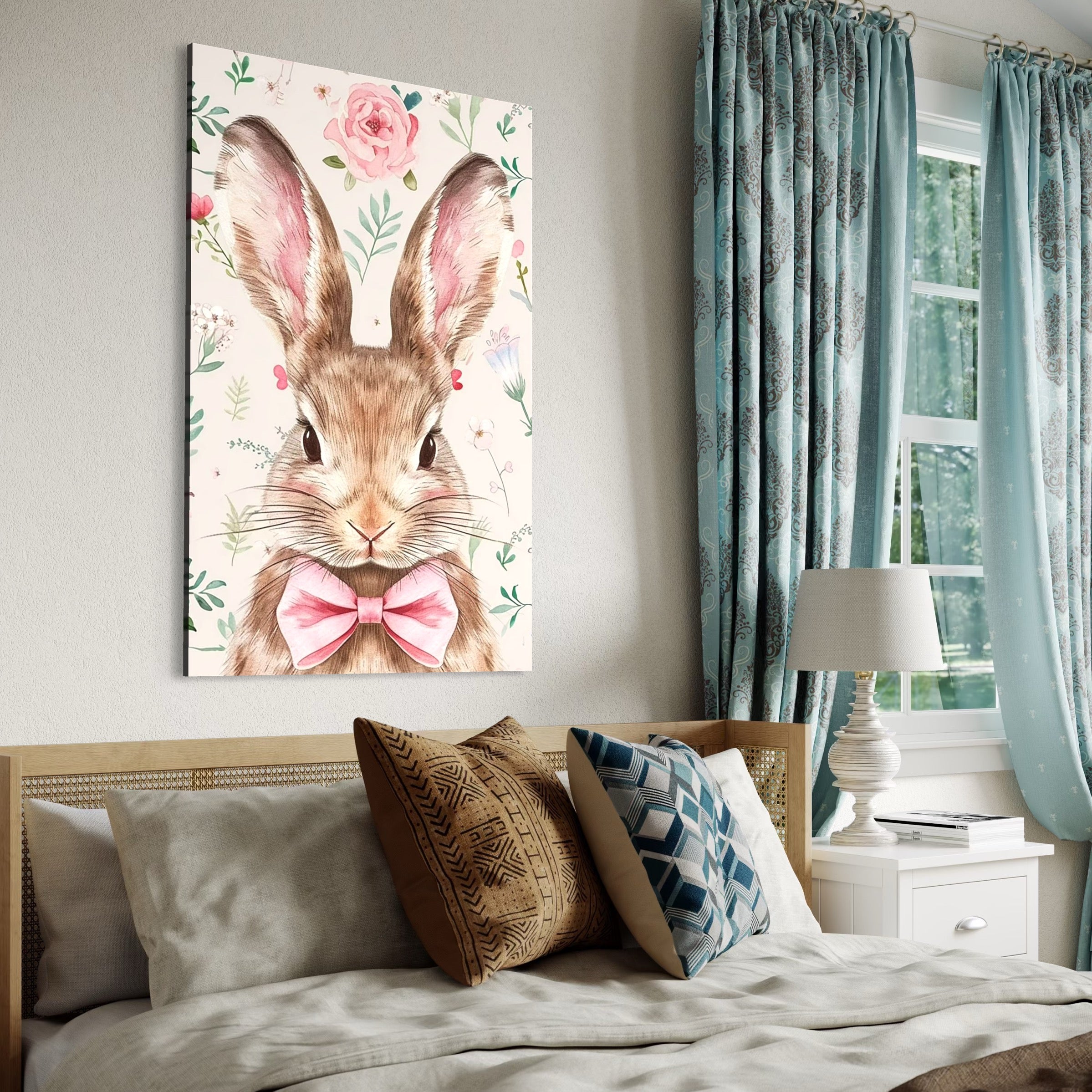 Tablou Canvas Premium, LuxCanva® K1037, Domnul Iepurila, Elegant, Papion, Roz, Gingas, Dichisit, Primavaratic, Blanita, Floral, Vibe, Pastel, Armonie, Animalut, Cadou, Camera Copil, Dormitor