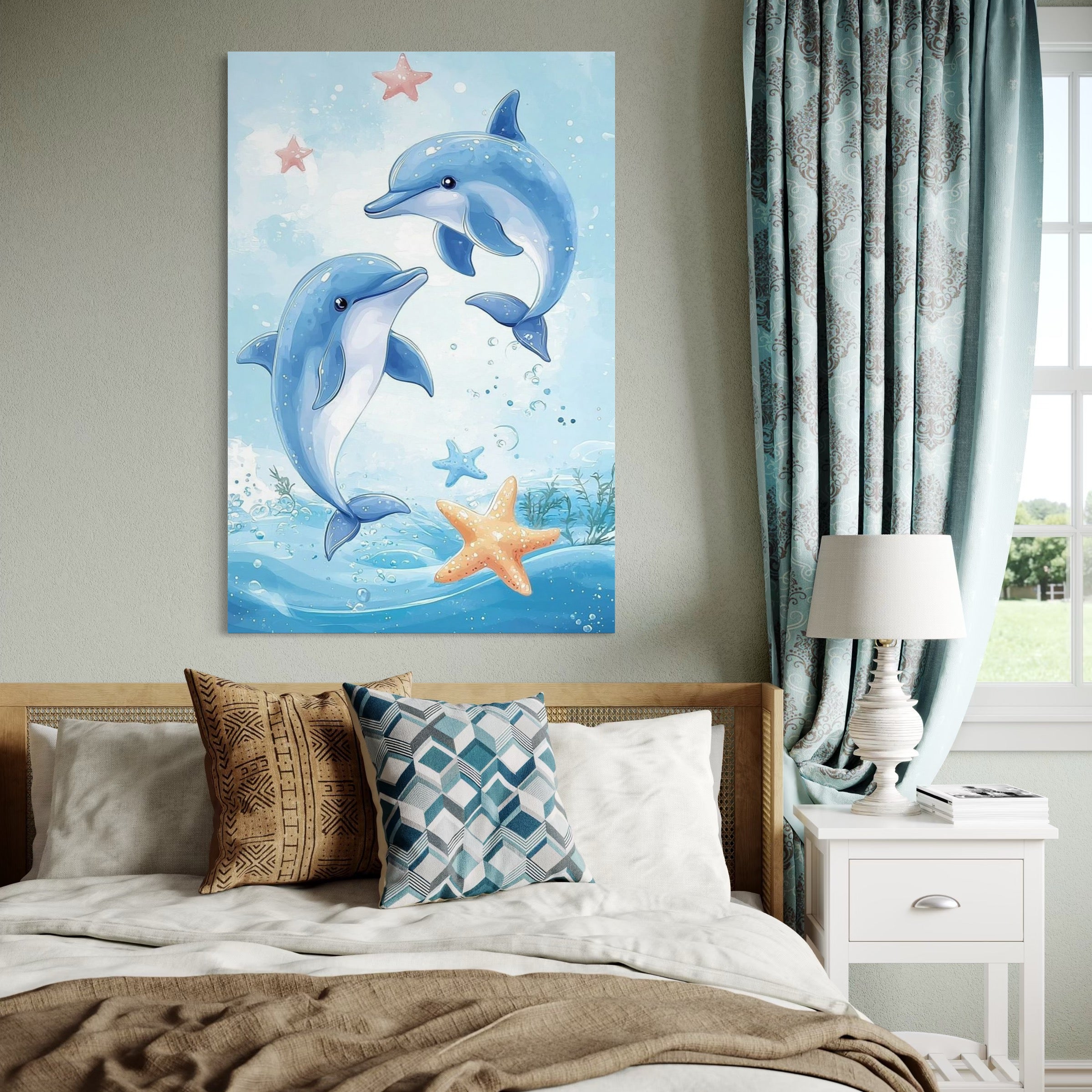 Tablou Canvas Premium, LuxCanva® K1038, Balet Marin, Dans, Delfini, Prietenie, Valuri, Ocean, Salturi, Subacvatic, Libertate, Apa, Joaca, Veselie, Magie, Explorare, Camera Copil, Dormitor