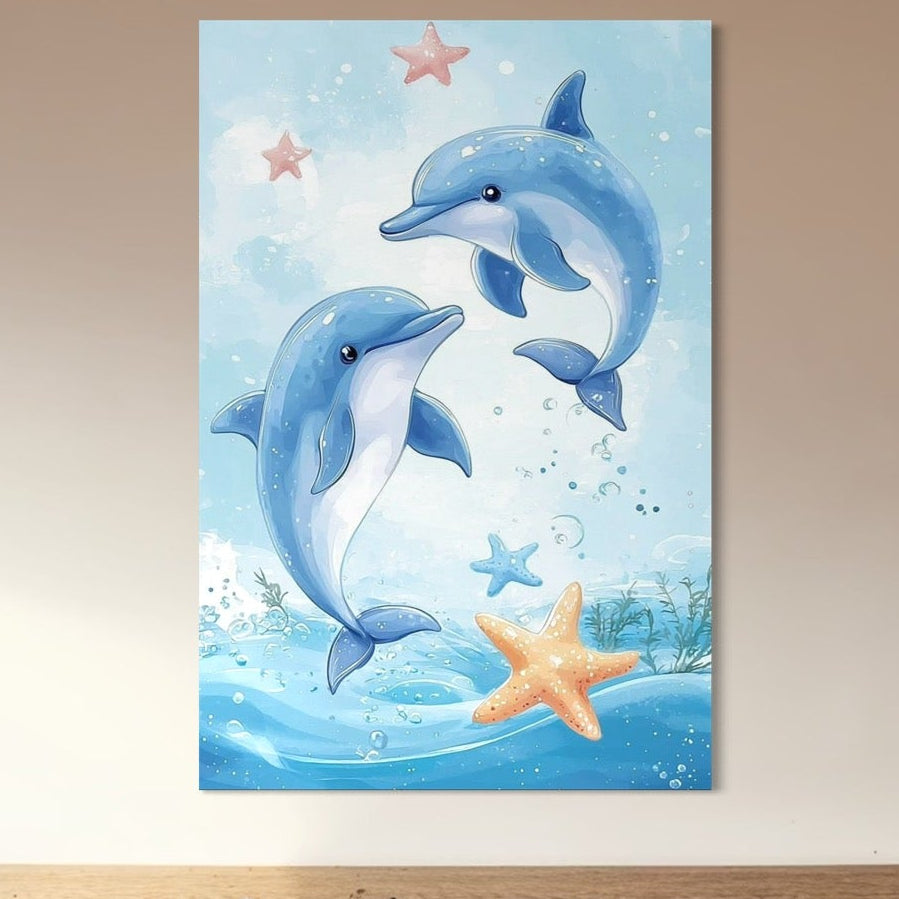 Tablou Canvas Premium, LuxCanva® K1038, Balet Marin, Dans, Delfini, Prietenie, Valuri, Ocean, Salturi, Subacvatic, Libertate, Apa, Joaca, Veselie, Magie, Explorare, Camera Copil, Dormitor