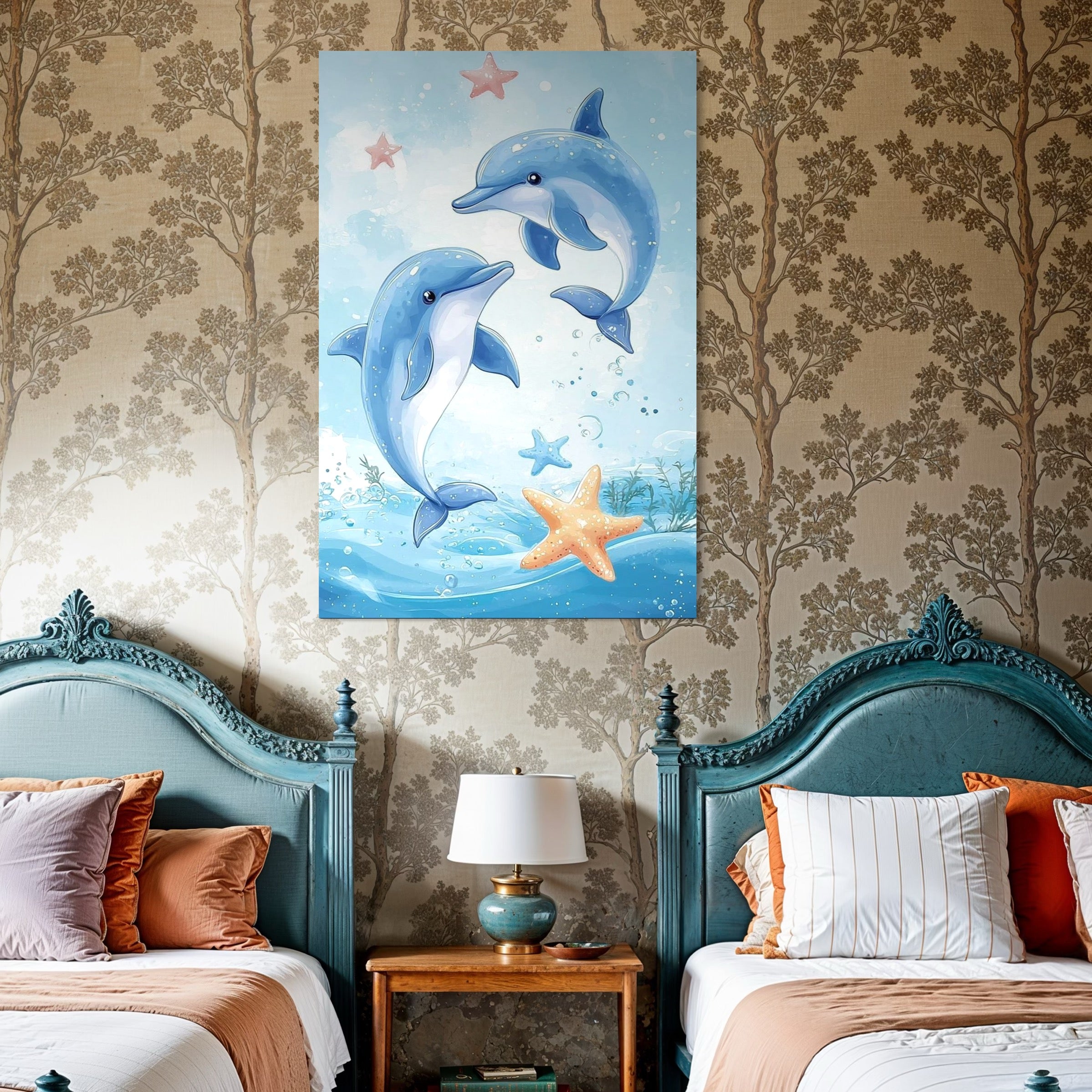 Tablou Canvas Premium, LuxCanva® K1038, Balet Marin, Dans, Delfini, Prietenie, Valuri, Ocean, Salturi, Subacvatic, Libertate, Apa, Joaca, Veselie, Magie, Explorare, Camera Copil, Dormitor