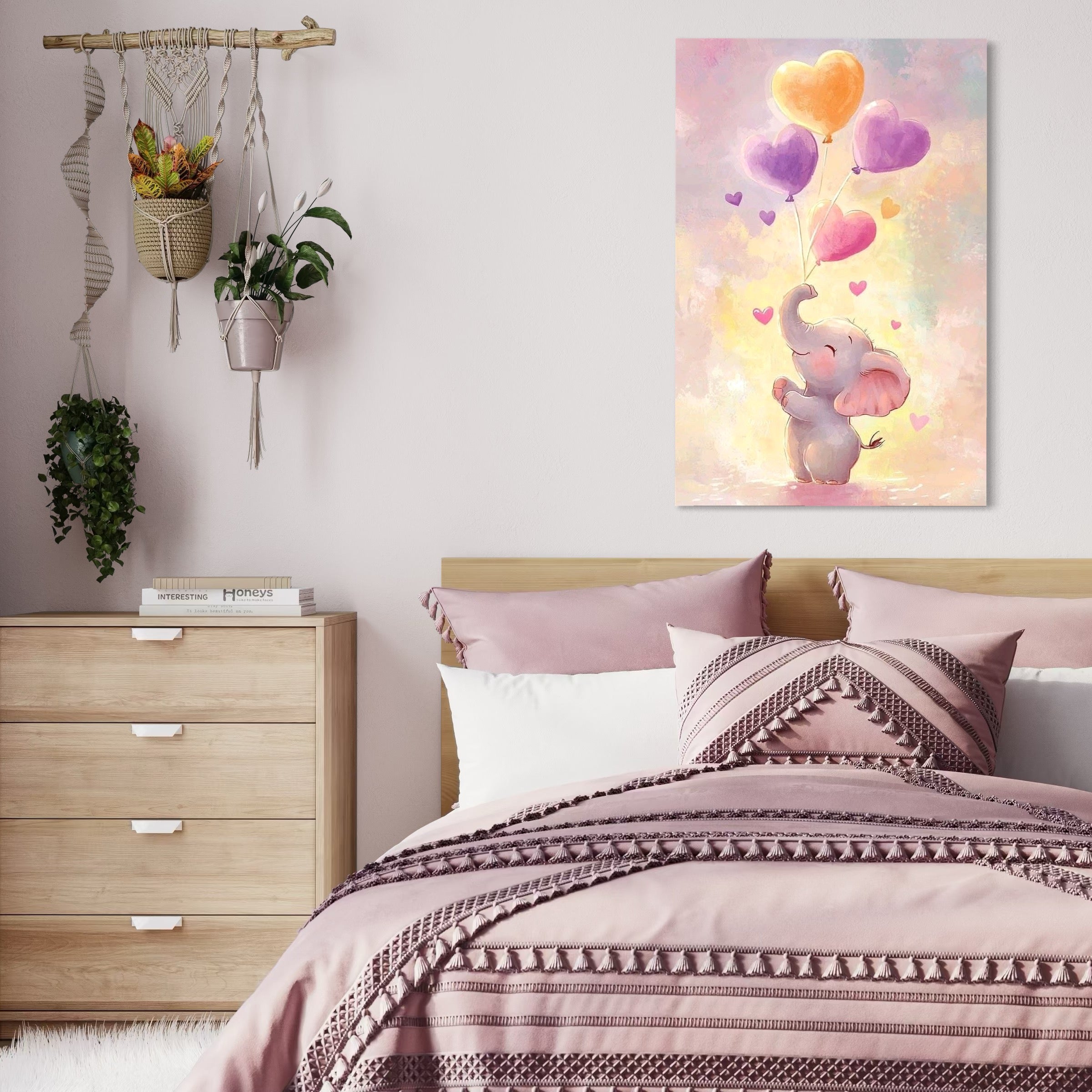 Tablou Canvas Premium, LuxCanva® K1039, Elefantelul Visator, Emotie, Zbor, Inimi, Baloane, Bucurie, Vant, Fericire, Micut, Pui, Iubire, Gingasie, Dulce, Pastel, Magie, Camera Copil, Dormitor