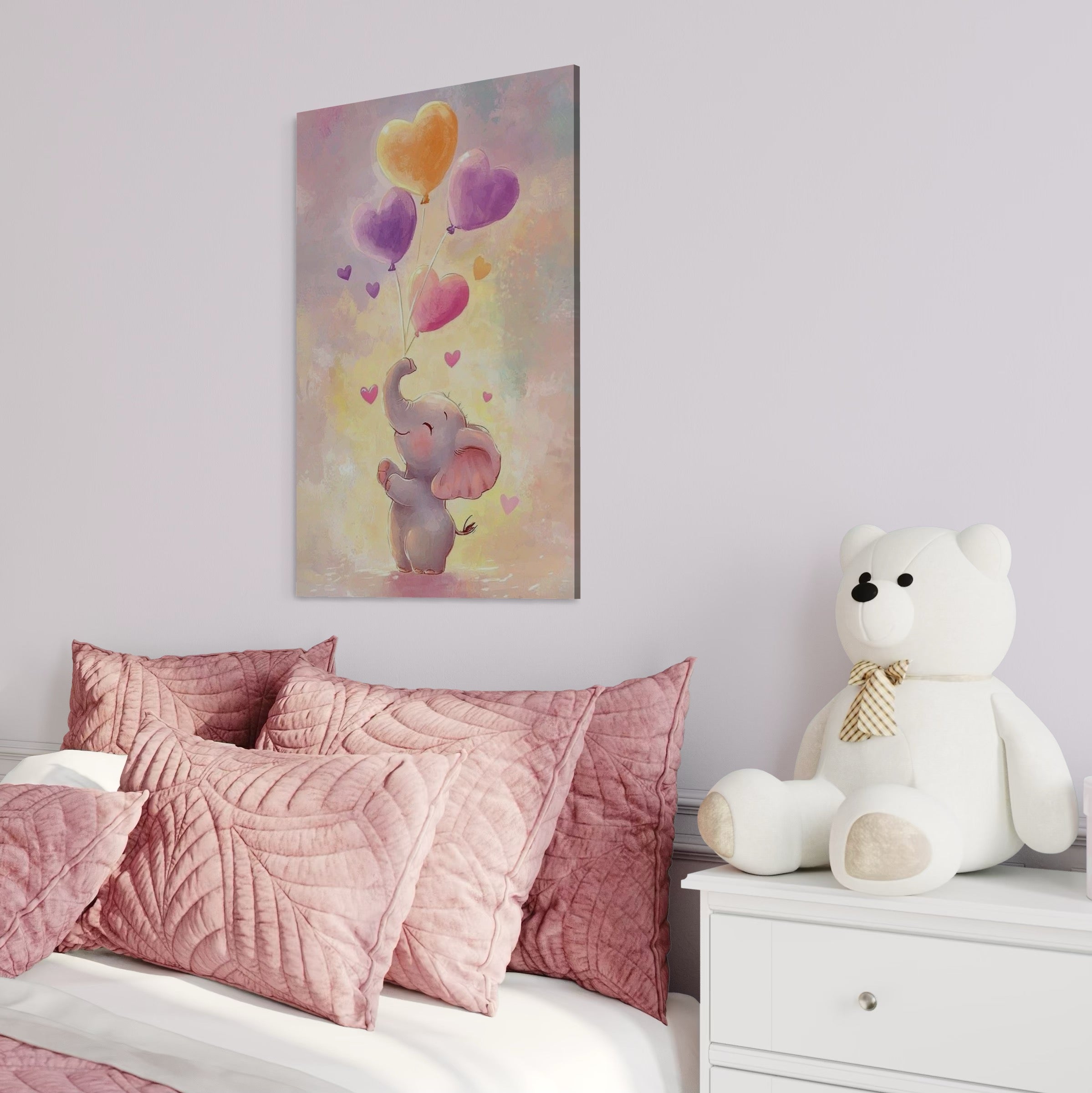 Tablou Canvas Premium, LuxCanva® K1039, Elefantelul Visator, Emotie, Zbor, Inimi, Baloane, Bucurie, Vant, Fericire, Micut, Pui, Iubire, Gingasie, Dulce, Pastel, Magie, Camera Copil, Dormitor