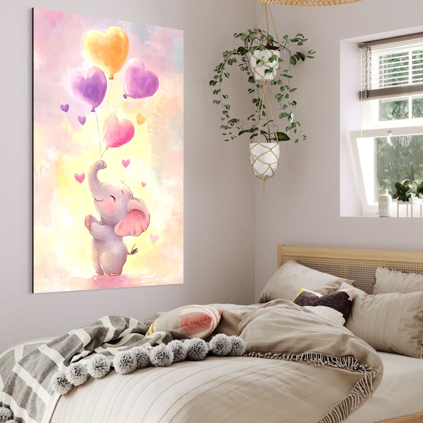 Tablou Canvas Premium, LuxCanva® K1039, Elefantelul Visator, Emotie, Zbor, Inimi, Baloane, Bucurie, Vant, Fericire, Micut, Pui, Iubire, Gingasie, Dulce, Pastel, Magie, Camera Copil, Dormitor