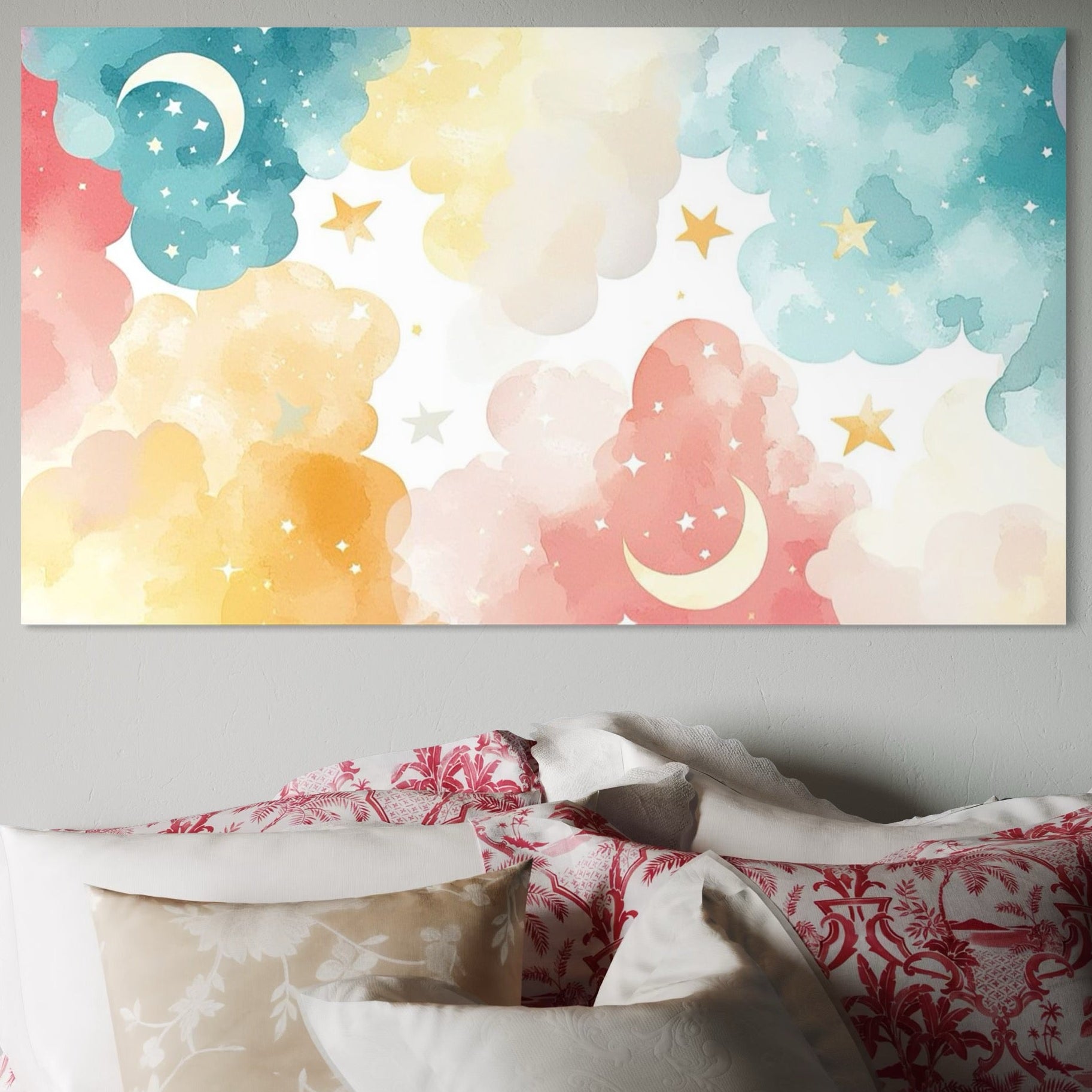 Tablou Canvas Premium, LuxCanva® K1040, Norii Care Canta Stele, Somn, Usor, Vise, Pastel, Cer, Curcubeu, Ploaie, Pufos, Magie, Luna, Fantezie, Taram, Basm, Frumusete, Camera Copil, Dormitor