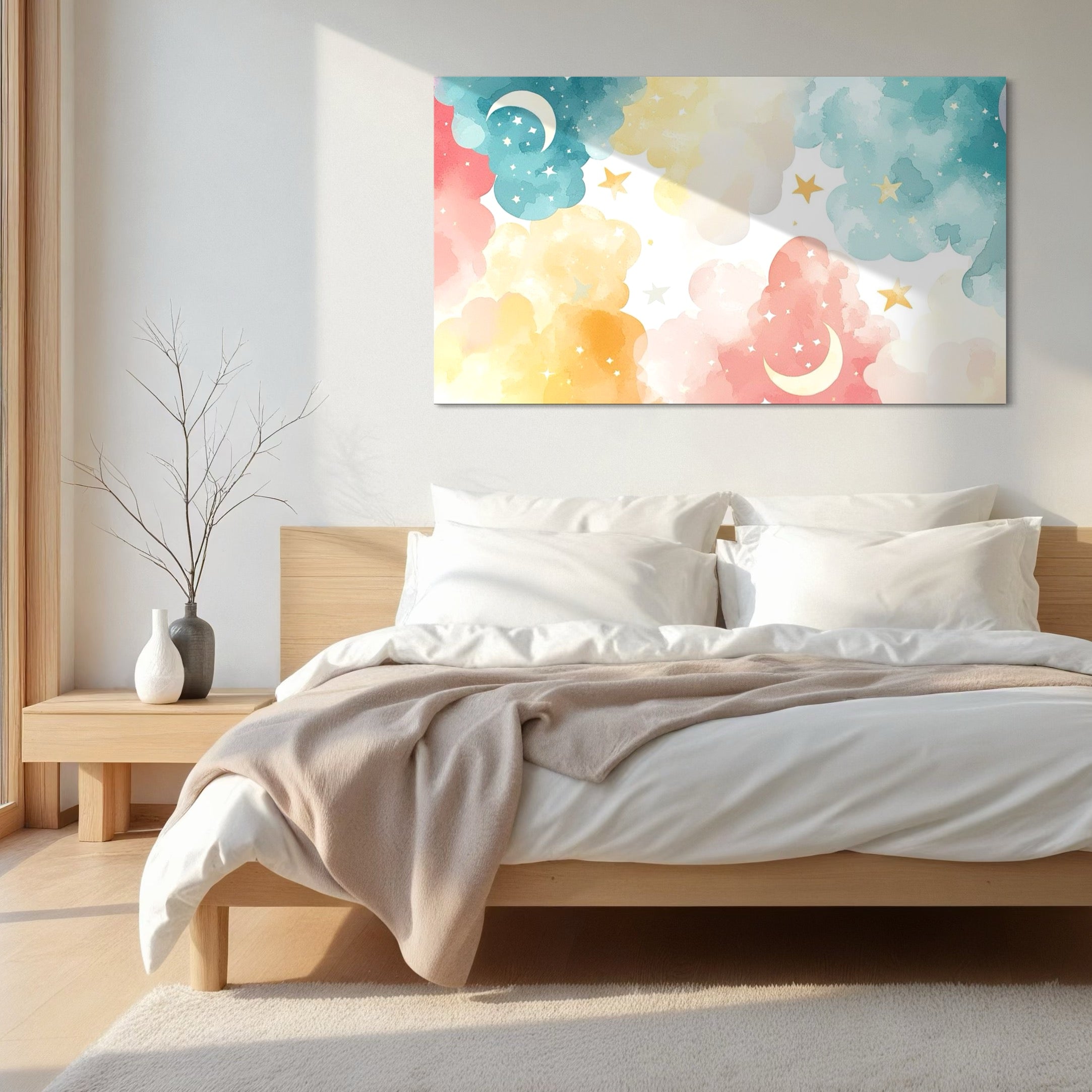 Tablou Canvas Premium, LuxCanva® K1040, Norii Care Canta Stele, Somn, Usor, Vise, Pastel, Cer, Curcubeu, Ploaie, Pufos, Magie, Luna, Fantezie, Taram, Basm, Frumusete, Camera Copil, Dormitor