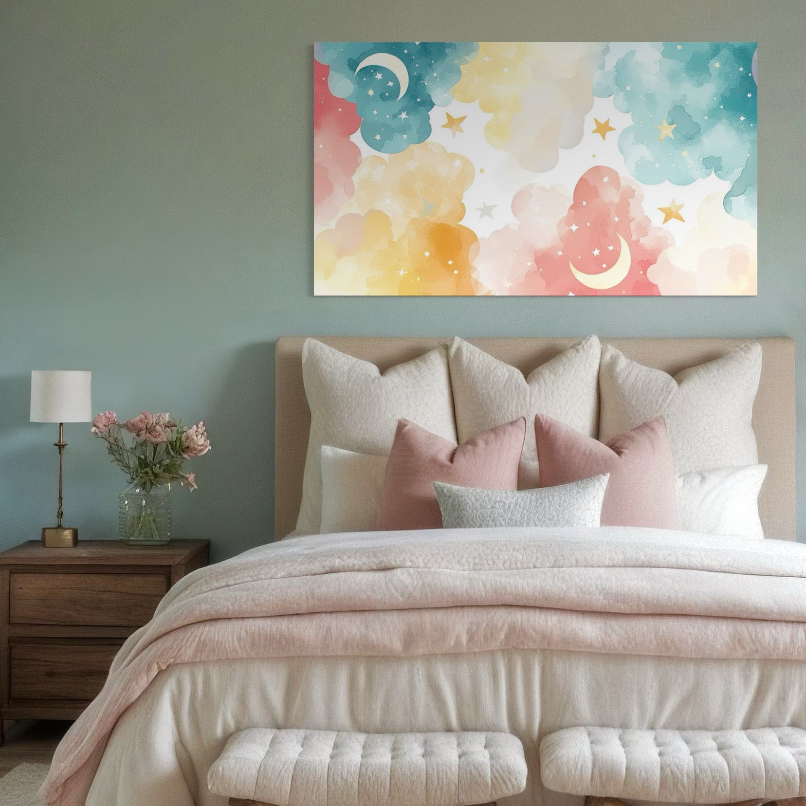 Tablou Canvas Premium, LuxCanva® K1040, Norii Care Canta Stele, Somn, Usor, Vise, Pastel, Cer, Curcubeu, Ploaie, Pufos, Magie, Luna, Fantezie, Taram, Basm, Frumusete, Camera Copil, Dormitor