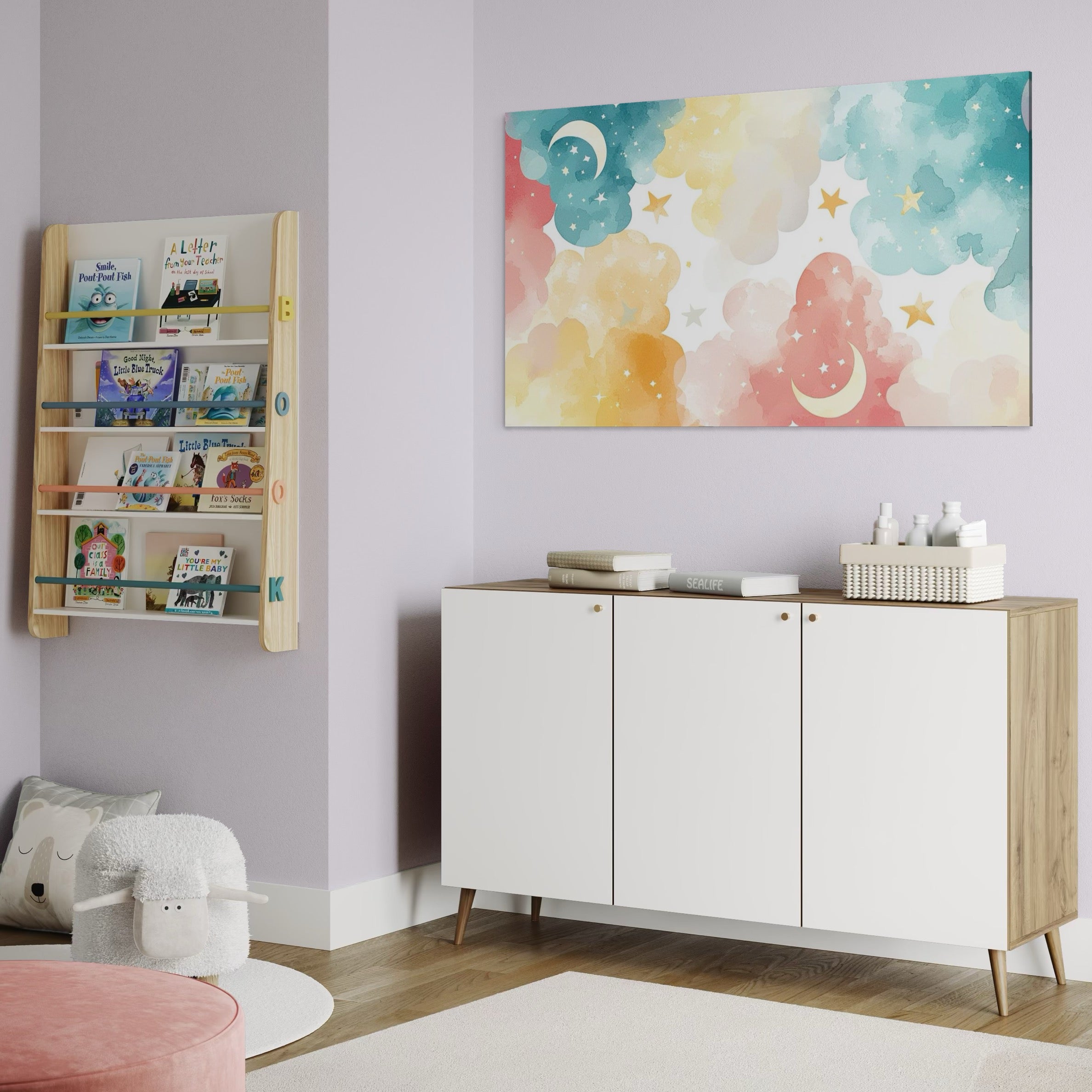 Tablou Canvas Premium, LuxCanva® K1040, Norii Care Canta Stele, Somn, Usor, Vise, Pastel, Cer, Curcubeu, Ploaie, Pufos, Magie, Luna, Fantezie, Taram, Basm, Frumusete, Camera Copil, Dormitor