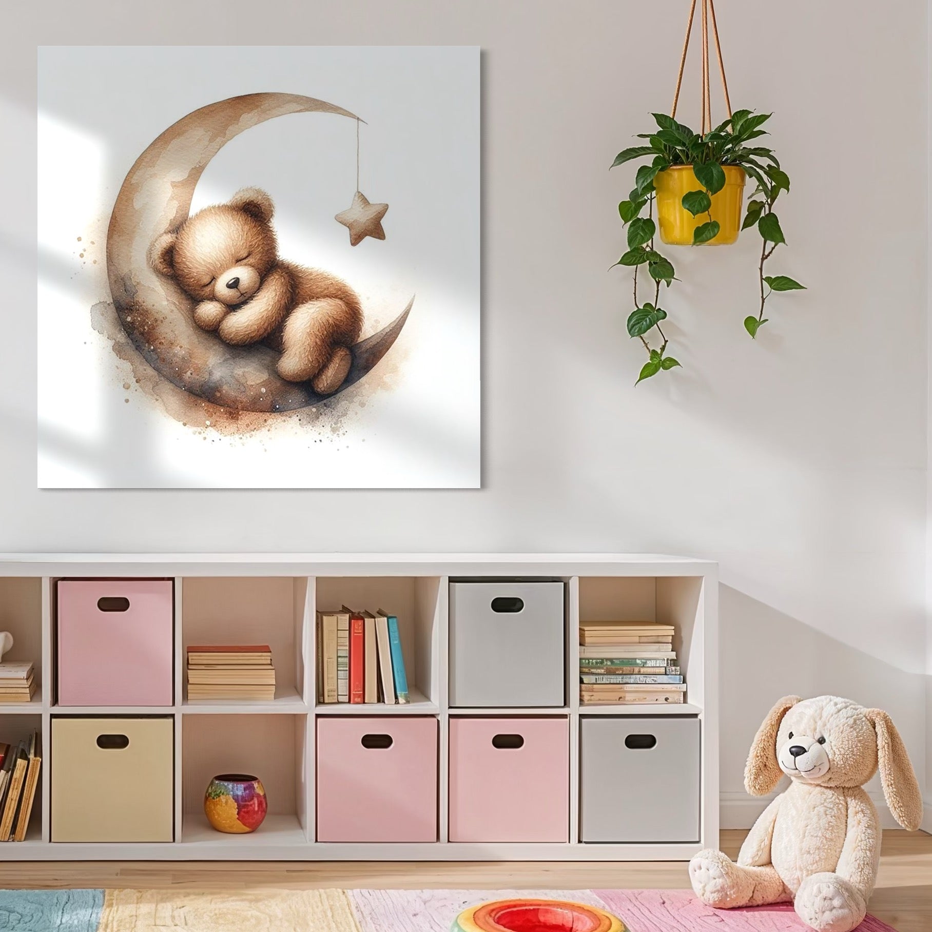 Tablou Canvas Premium, LuxCanva® K1042, Somn in Bratele Lunii, Ursulet, Somnoros, Vise, Luna, Noapte, Stele, Leganat, Cuib, Semiluna, Pace, Liniste, Taram, Confort, Camera Copil, Dormitor