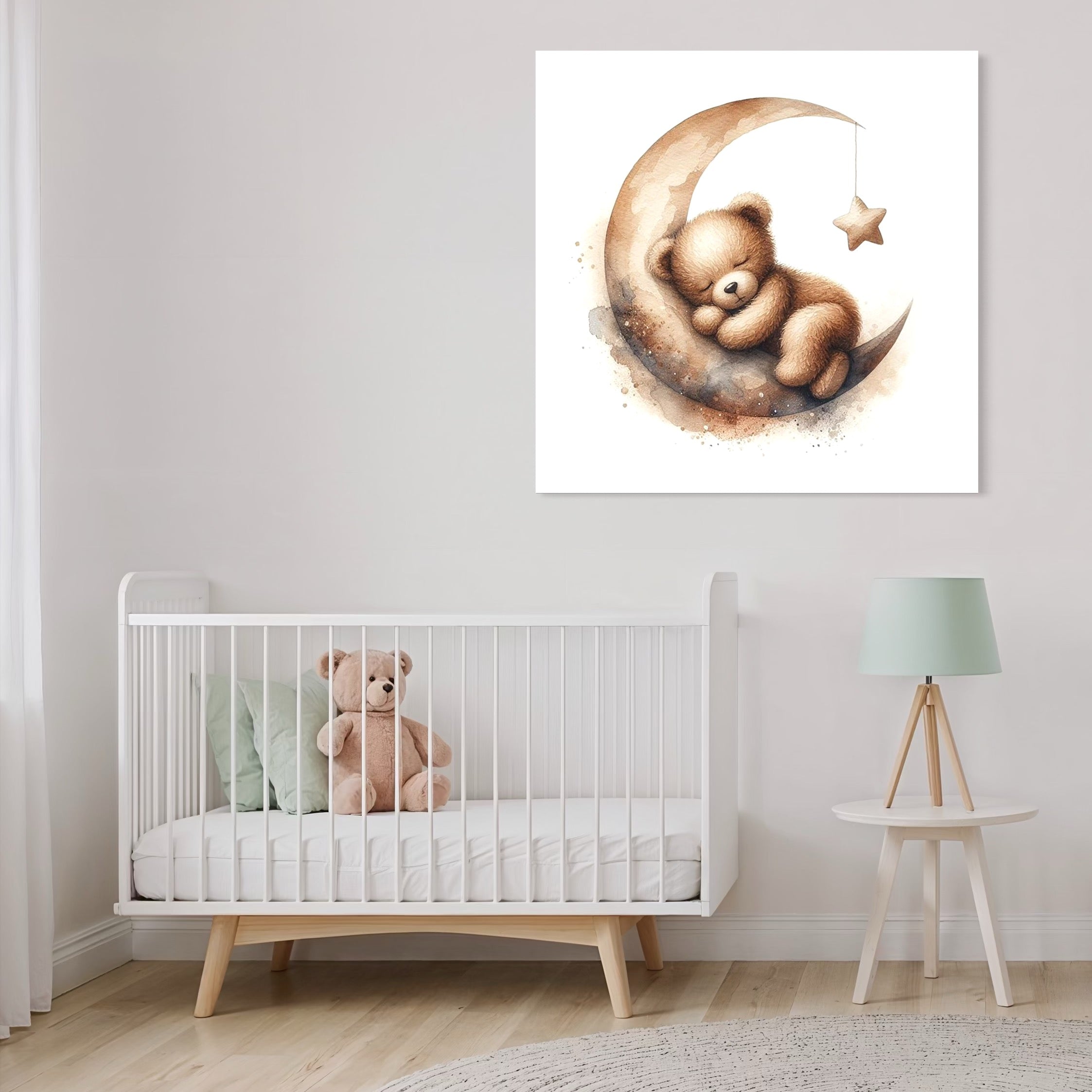 Tablou Canvas Premium, LuxCanva® K1042, Somn in Bratele Lunii, Ursulet, Somnoros, Vise, Luna, Noapte, Stele, Leganat, Cuib, Semiluna, Pace, Liniste, Taram, Confort, Camera Copil, Dormitor