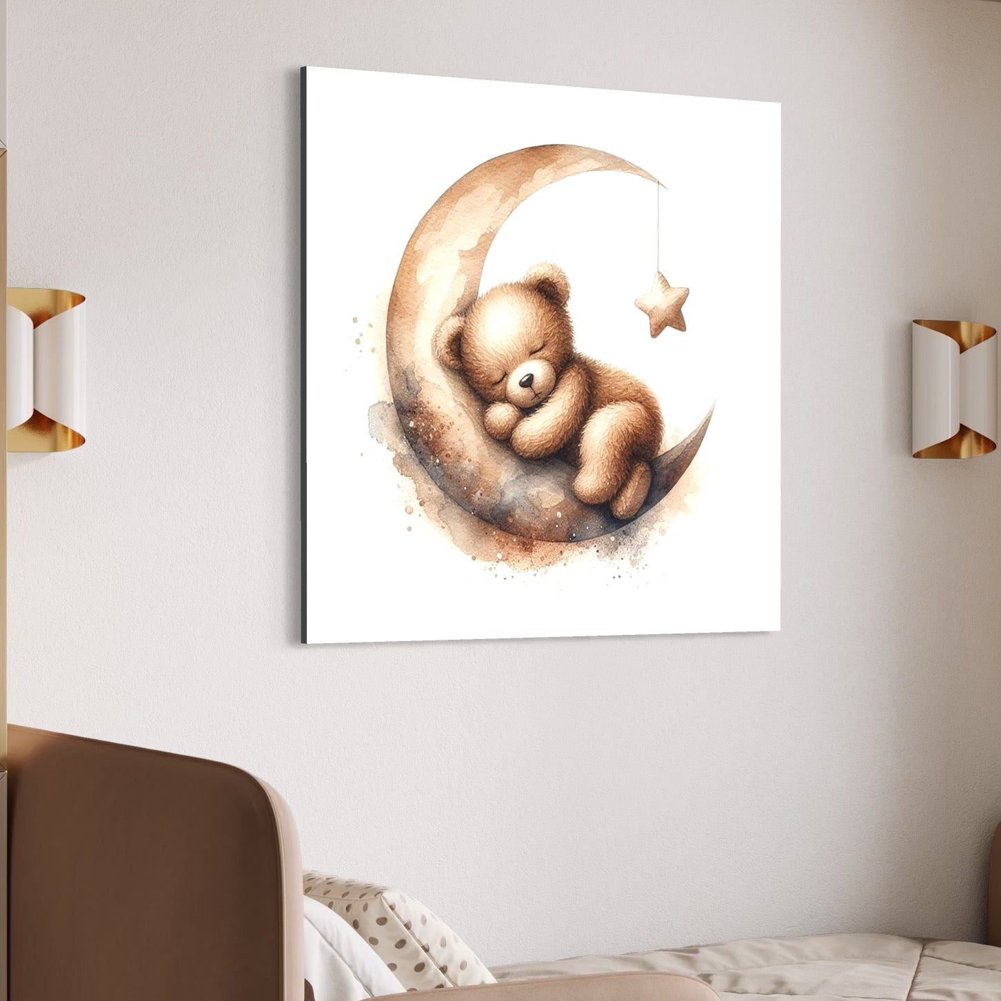 Tablou Canvas Premium, LuxCanva® K1042, Somn in Bratele Lunii, Ursulet, Somnoros, Vise, Luna, Noapte, Stele, Leganat, Cuib, Semiluna, Pace, Liniste, Taram, Confort, Camera Copil, Dormitor