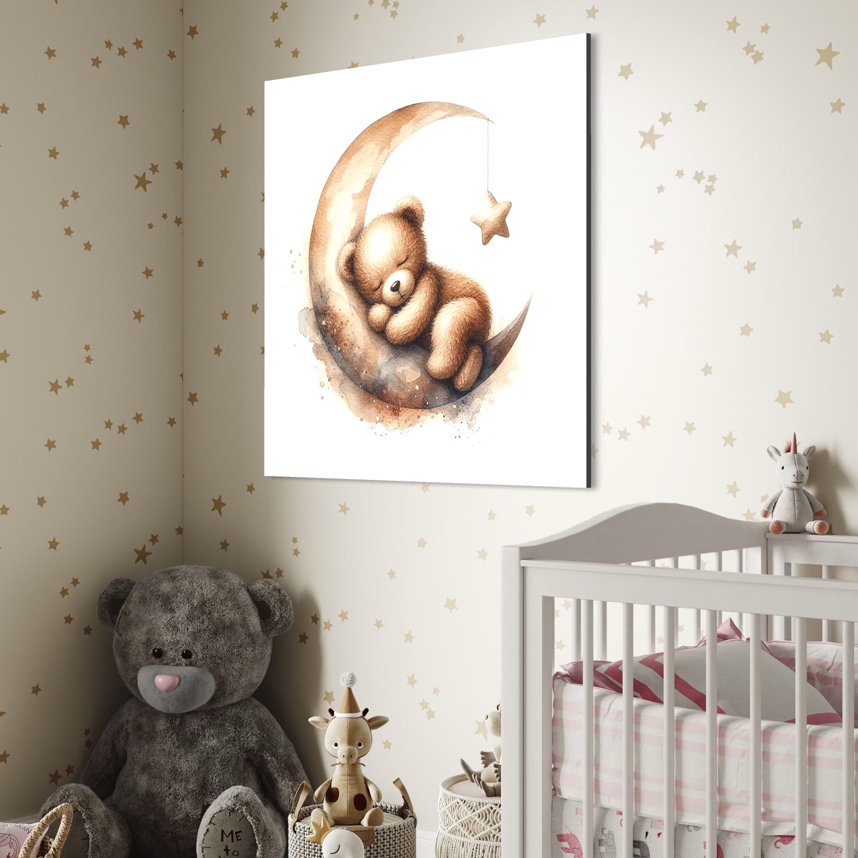 Tablou Canvas Premium, LuxCanva® K1042, Somn in Bratele Lunii, Ursulet, Somnoros, Vise, Luna, Noapte, Stele, Leganat, Cuib, Semiluna, Pace, Liniste, Taram, Confort, Camera Copil, Dormitor