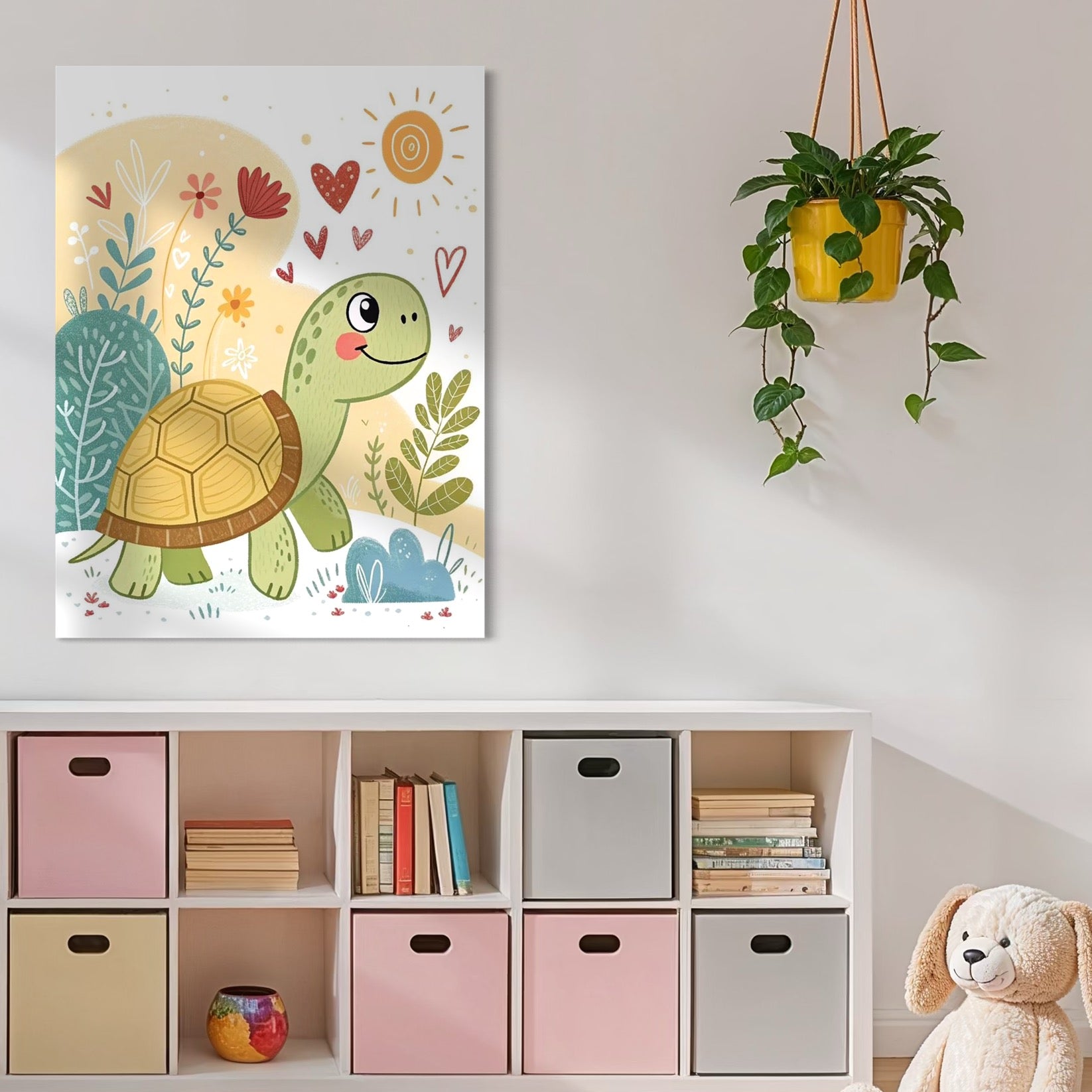 Tablou Canvas Premium, LuxCanva® K1043, Zambet din Carapace, Testoasa, Broasca, Gradina, Aventura, Soare, Curaj, Plimbare, Inimi, Flori, Copilaresc, Natura, Colorat, Camera Copil, Dormitor