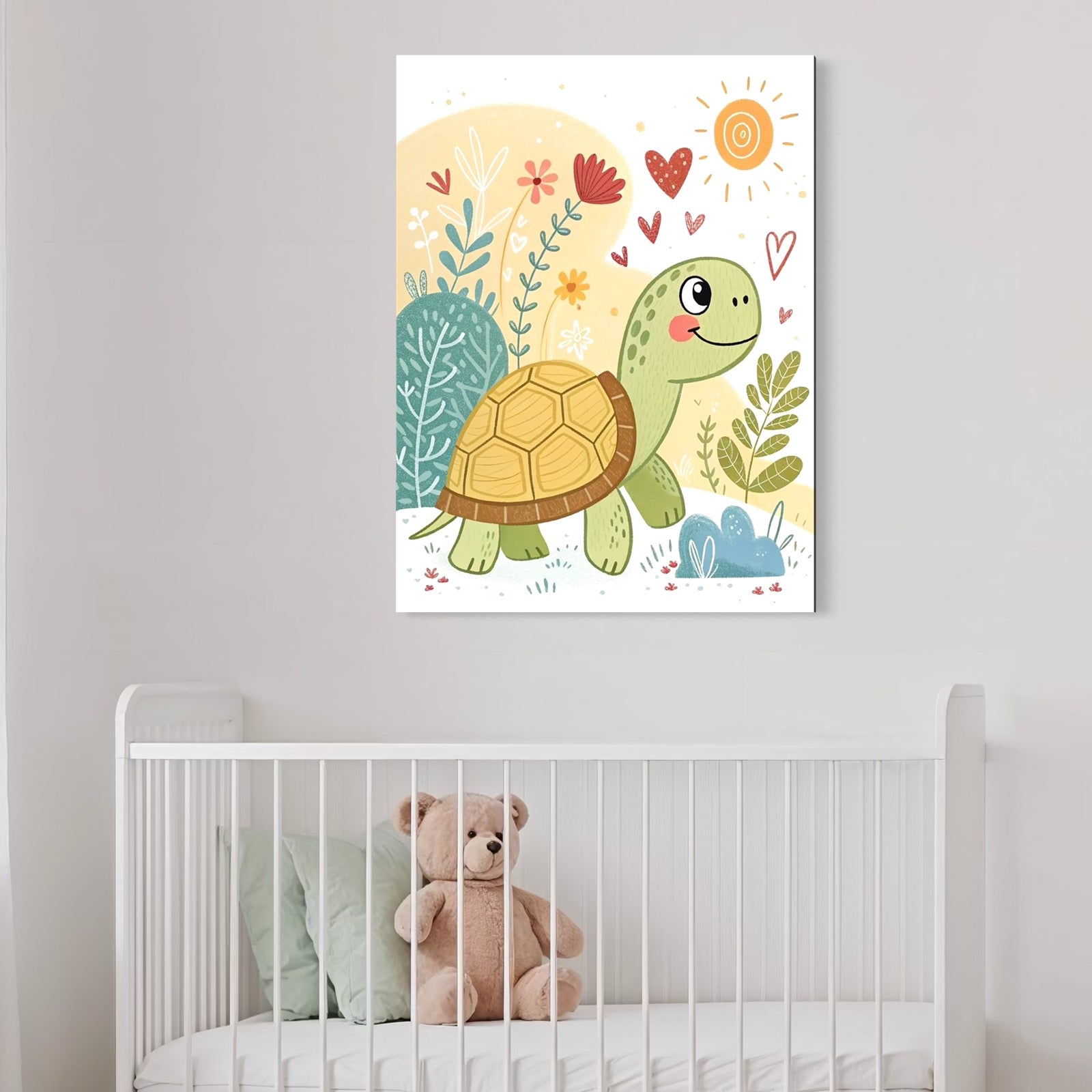 Tablou Canvas Premium, LuxCanva® K1043, Zambet din Carapace, Testoasa, Broasca, Gradina, Aventura, Soare, Curaj, Plimbare, Inimi, Flori, Copilaresc, Natura, Colorat, Camera Copil, Dormitor