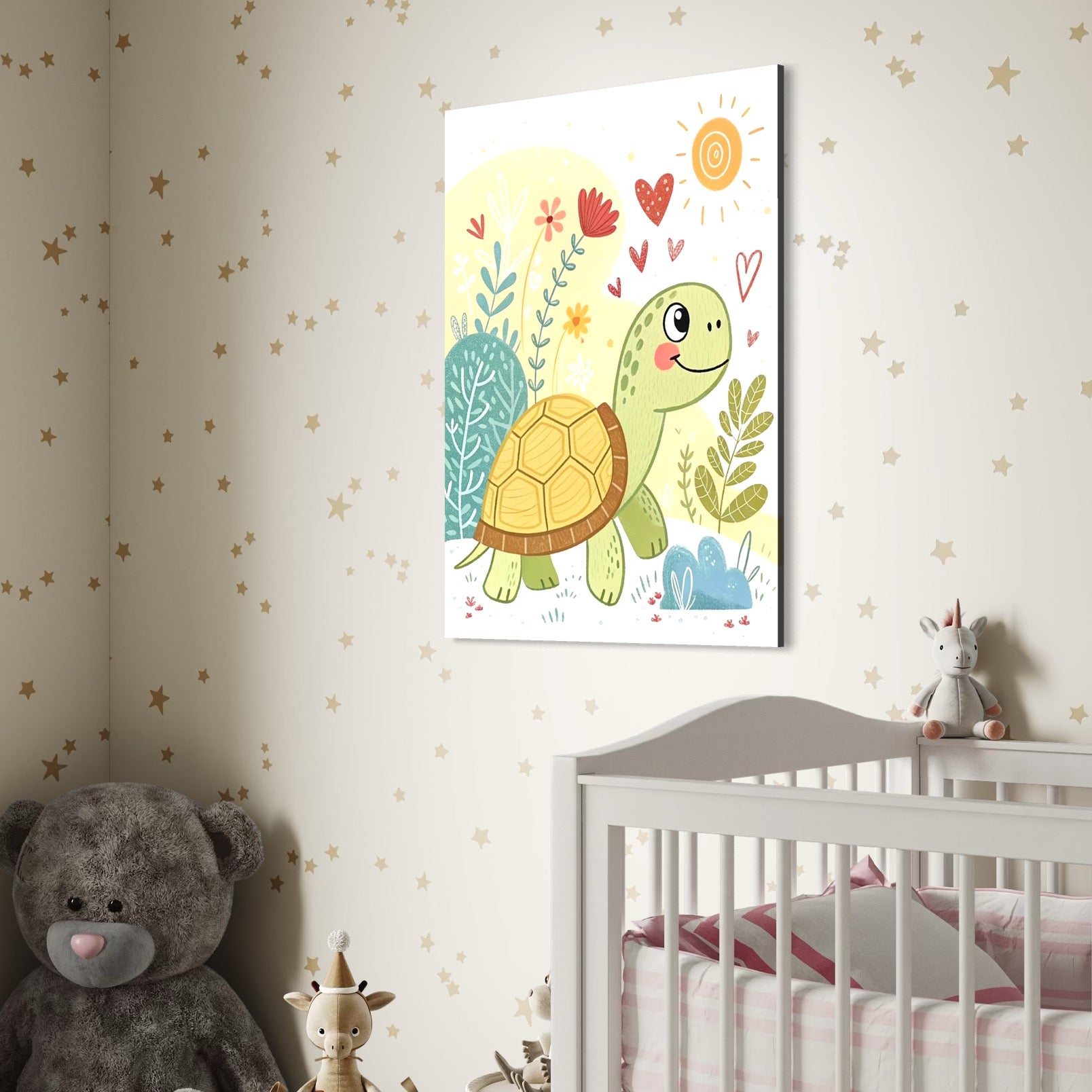 Tablou Canvas Premium, LuxCanva® K1043, Zambet din Carapace, Testoasa, Broasca, Gradina, Aventura, Soare, Curaj, Plimbare, Inimi, Flori, Copilaresc, Natura, Colorat, Camera Copil, Dormitor