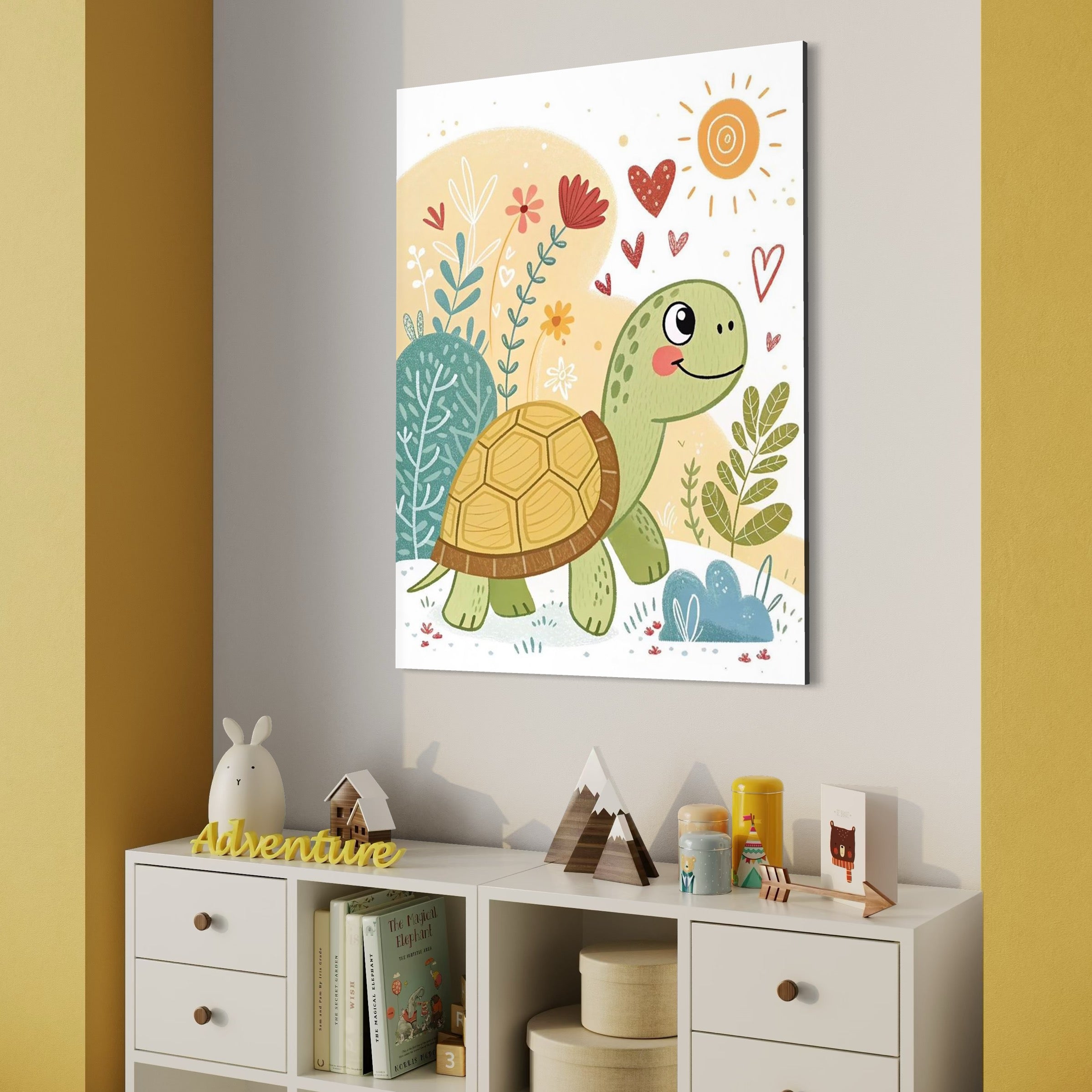 Tablou Canvas Premium, LuxCanva® K1043, Zambet din Carapace, Testoasa, Broasca, Gradina, Aventura, Soare, Curaj, Plimbare, Inimi, Flori, Copilaresc, Natura, Colorat, Camera Copil, Dormitor