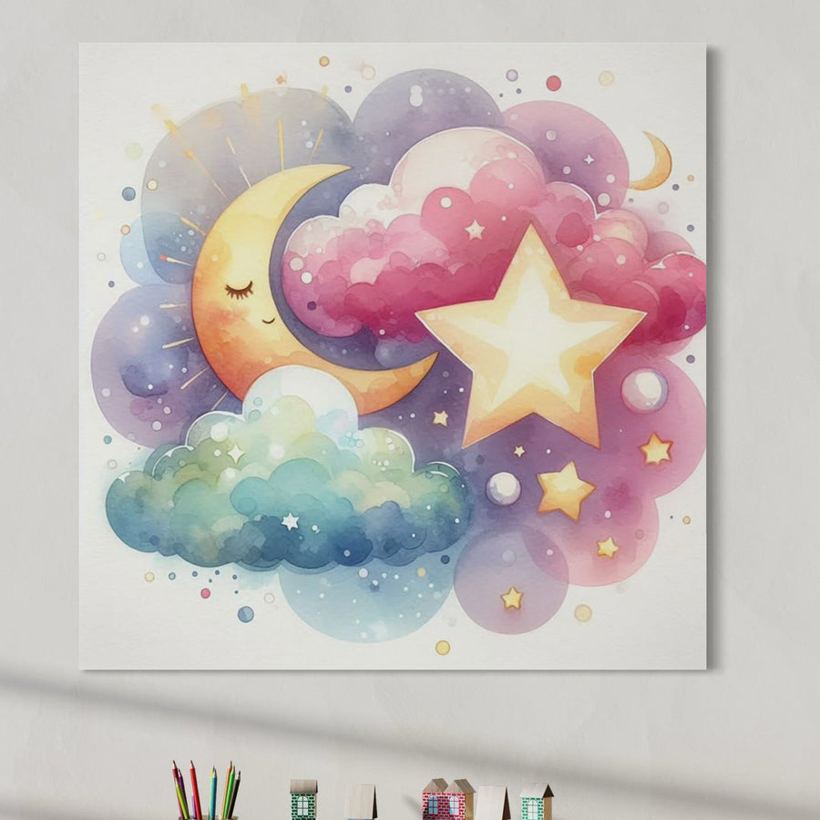 Tablou Canvas Premium LuxCanva® K1044: "Steaua care Aprinde Visul" - o pictură colorată cu lună zâmbitoare, stea strălucitoare, norișori roz-mov-albaștri și steluțe pe fund de noapte, perfectă pentru camera copilului sau dormitor.