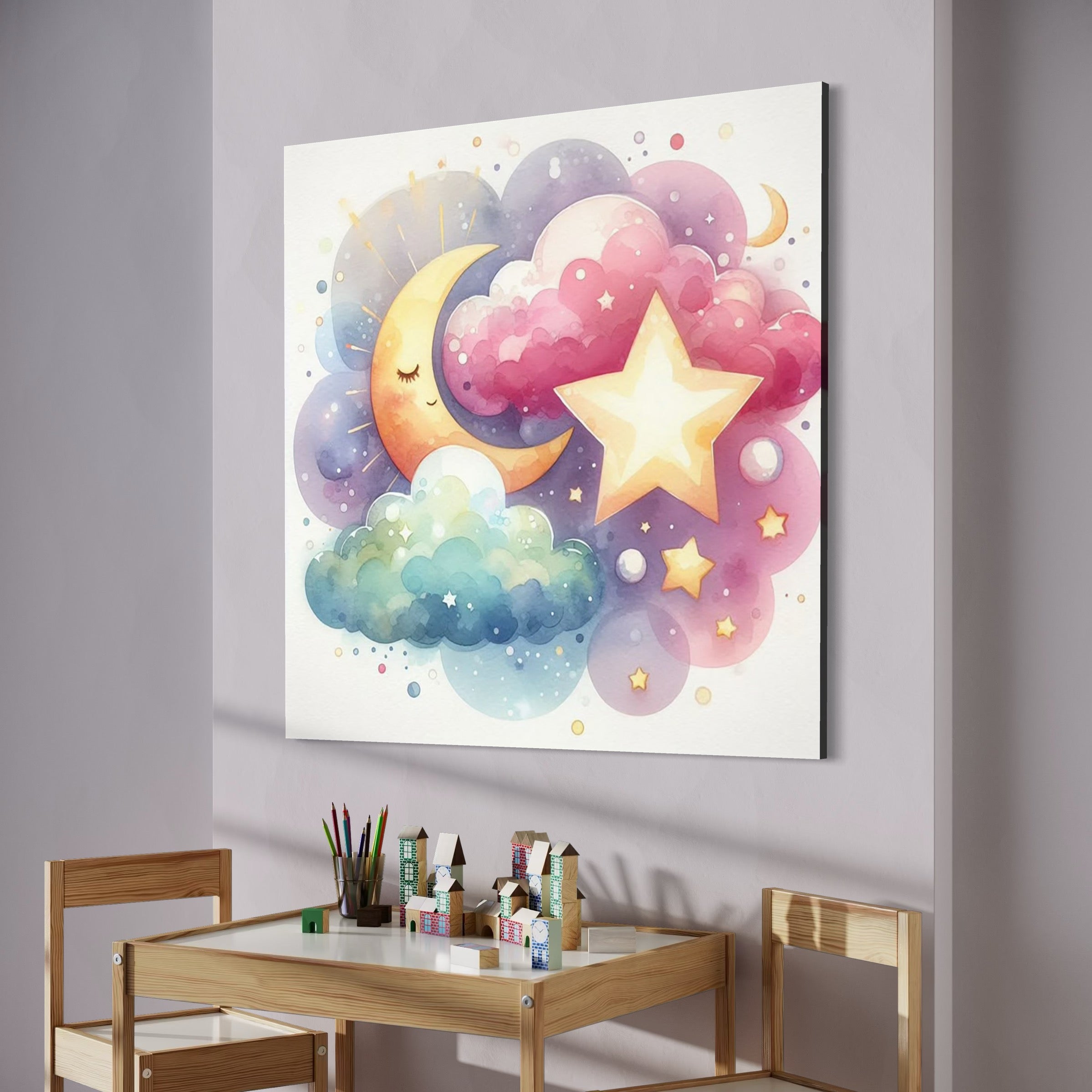 Tablou Canvas Premium, LuxCanva® K1044, Steaua care Aprinde Visul, Luna, Stelute, Norisori, Acuarela, Cer, Noapte, Visare, Sclipiri, Fantezie, Copilarie, Cosmos, Camera Copil, Dormitor