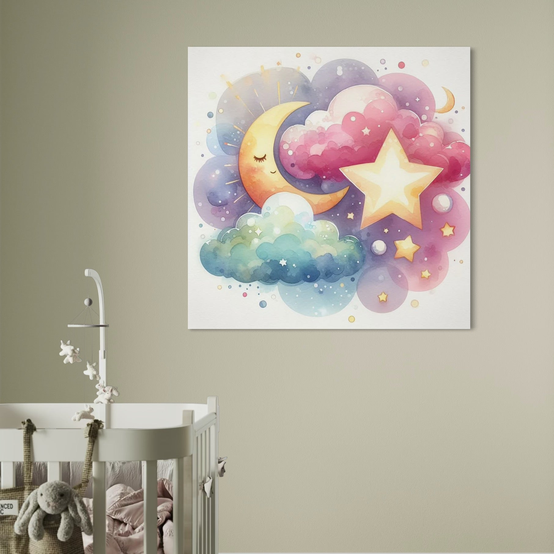 Tablou Canvas Premium, LuxCanva® K1044, Steaua care Aprinde Visul, Luna, Stelute, Norisori, Acuarela, Cer, Noapte, Visare, Sclipiri, Fantezie, Copilarie, Cosmos, Camera Copil, Dormitor