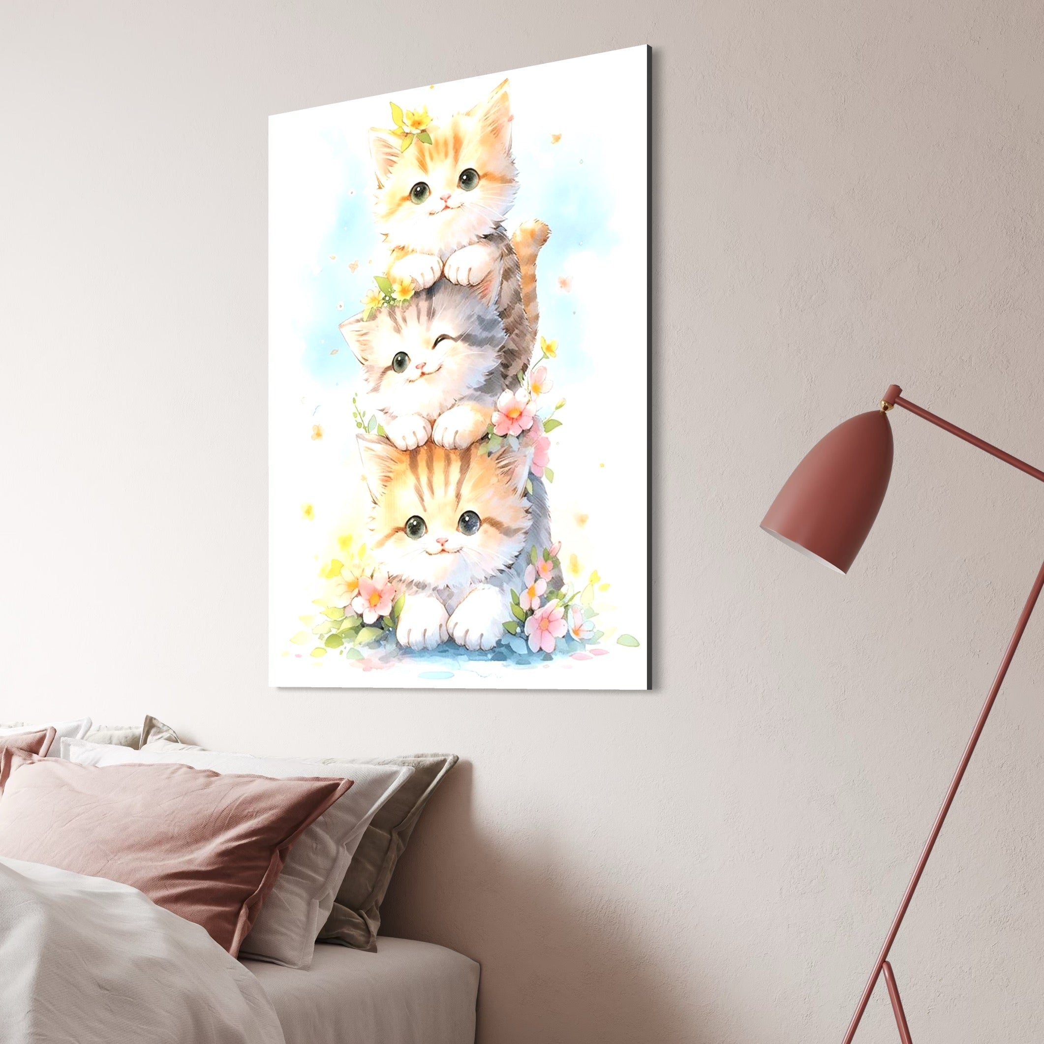 Tablou Canvas Premium, LuxCanva® K1045, Turnuletul Fratiorilor Pufosi, Pisicute, Felina, Pui, Pastel, Flori, Prietenie, Jucaus, Inocenta, Natura, Joaca, Veselie, Distractie, Camera Copil, Dormitor