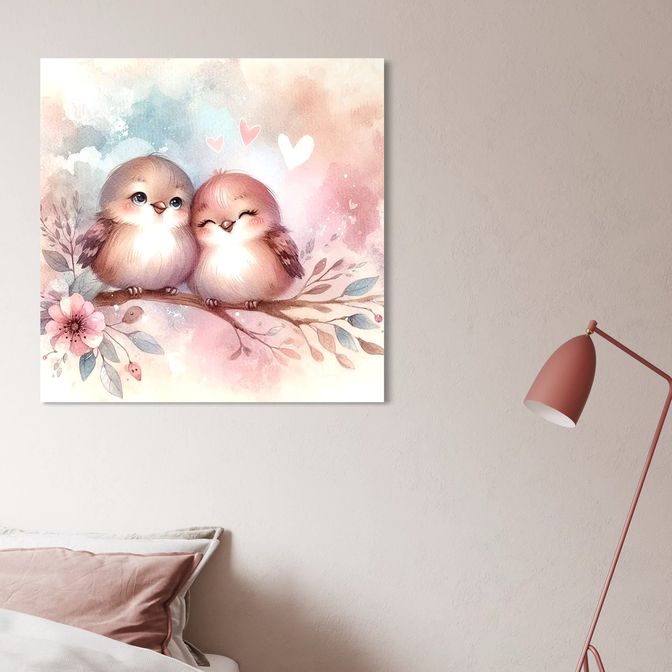 Tablou Canvas Premium, LuxCanva® K1046, Primavara in Pereche, Inimioare, Ramura, Pasarele, Cuplu, Zambet, Imbratisare, Aripi, Roz, Cuib, Inflorit, Natura, Tandrete, Copii, Camera Copil, Dormitor
