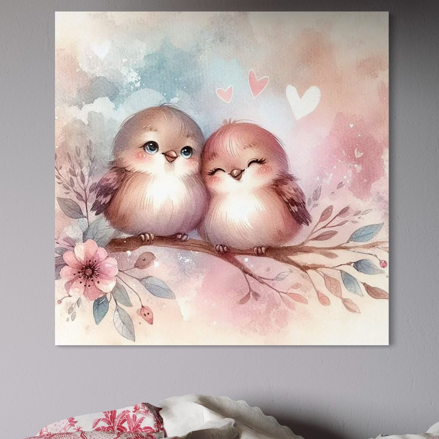 Tablou Canvas Premium, LuxCanva® K1046, Primavara in Pereche, Inimioare, Ramura, Pasarele, Cuplu, Zambet, Imbratisare, Aripi, Roz, Cuib, Inflorit, Natura, Tandrete, Copii, Camera Copil, Dormitor