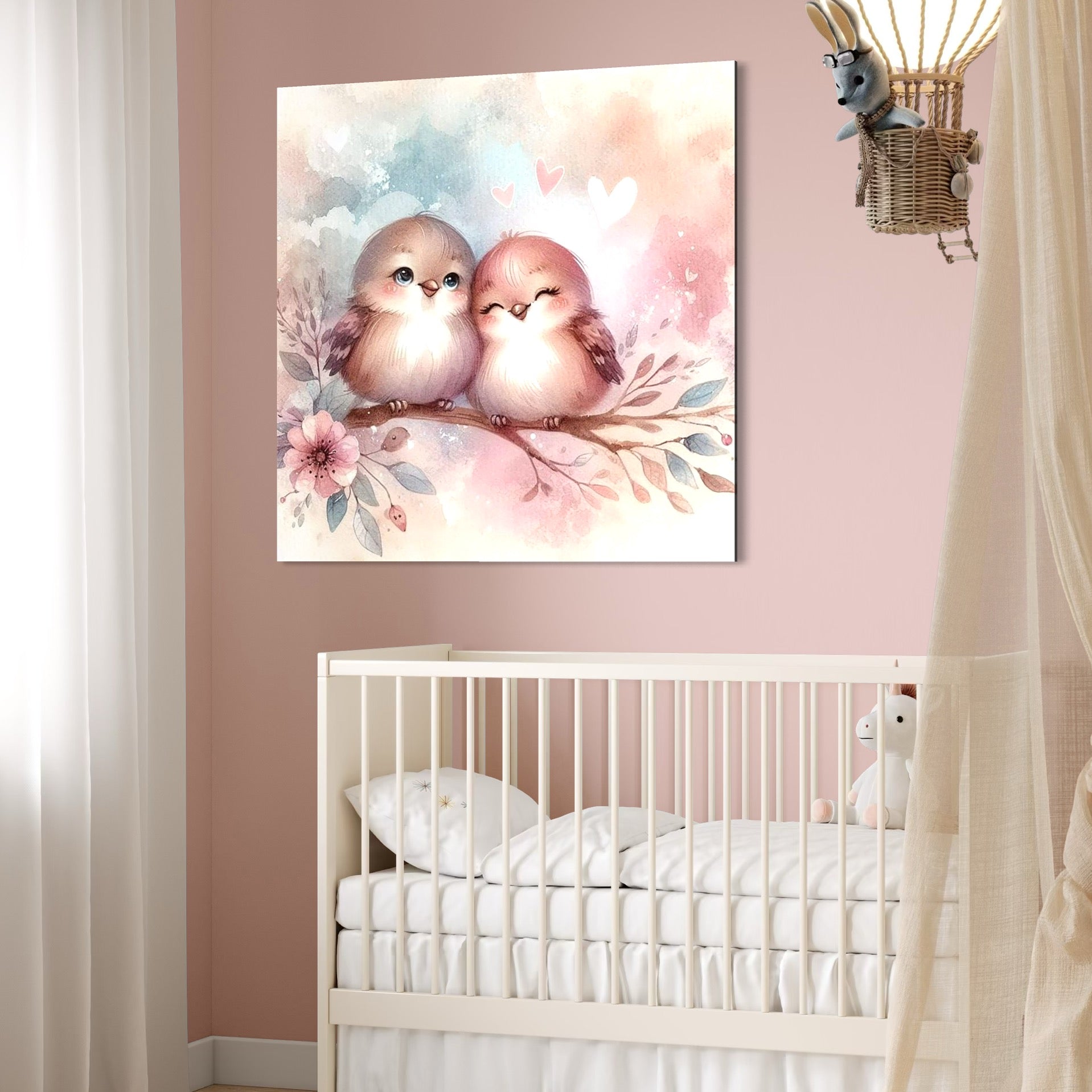 Tablou Canvas Premium, LuxCanva® K1046, Primavara in Pereche, Inimioare, Ramura, Pasarele, Cuplu, Zambet, Imbratisare, Aripi, Roz, Cuib, Inflorit, Natura, Tandrete, Copii, Camera Copil, Dormitor
