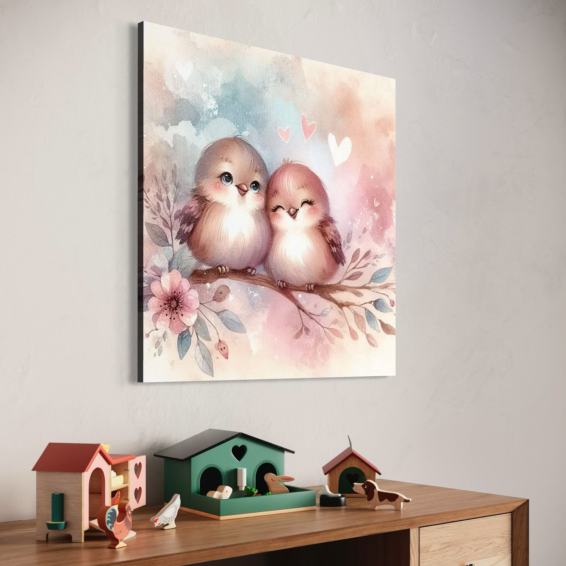 Tablou Canvas Premium, LuxCanva® K1046, Primavara in Pereche, Inimioare, Ramura, Pasarele, Cuplu, Zambet, Imbratisare, Aripi, Roz, Cuib, Inflorit, Natura, Tandrete, Copii, Camera Copil, Dormitor