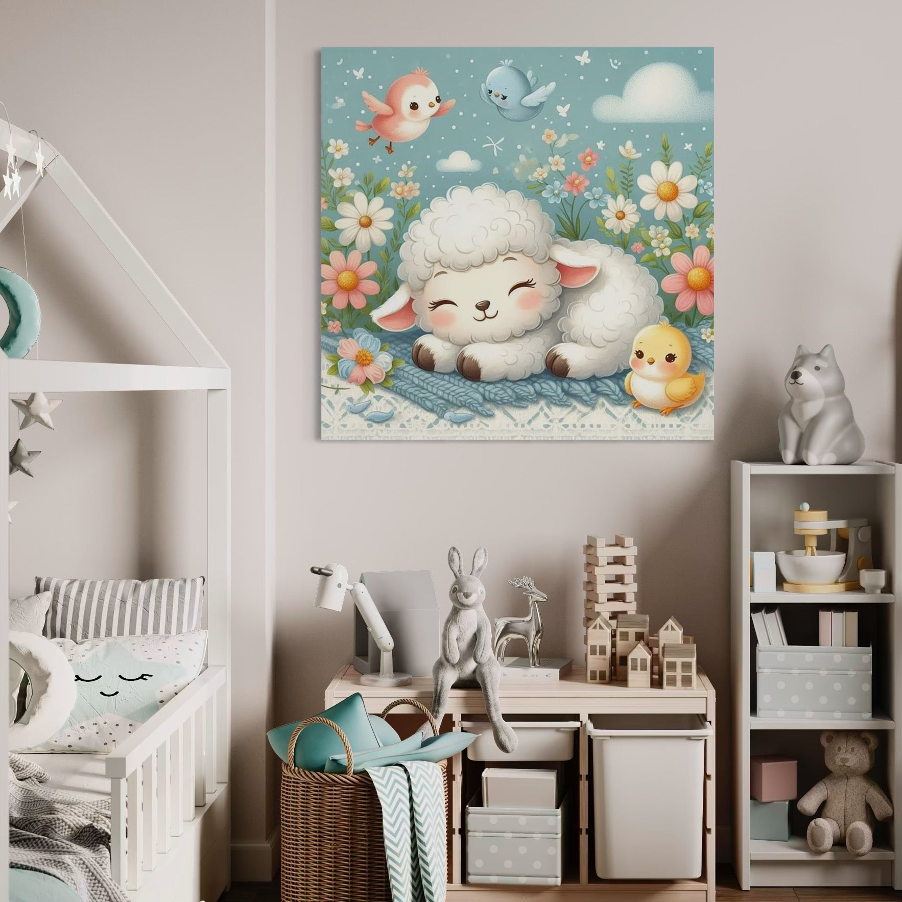 Tablou Canvas Premium, LuxCanva® K1047, Mieluselul Visator, Pui, Pasarele, Zbor, Pastelat, Lana, Flori, Armonie, Fluturi, Adormit, Gradina, Liniste, Veselie, Animalute, Camera Copil, Dormitor