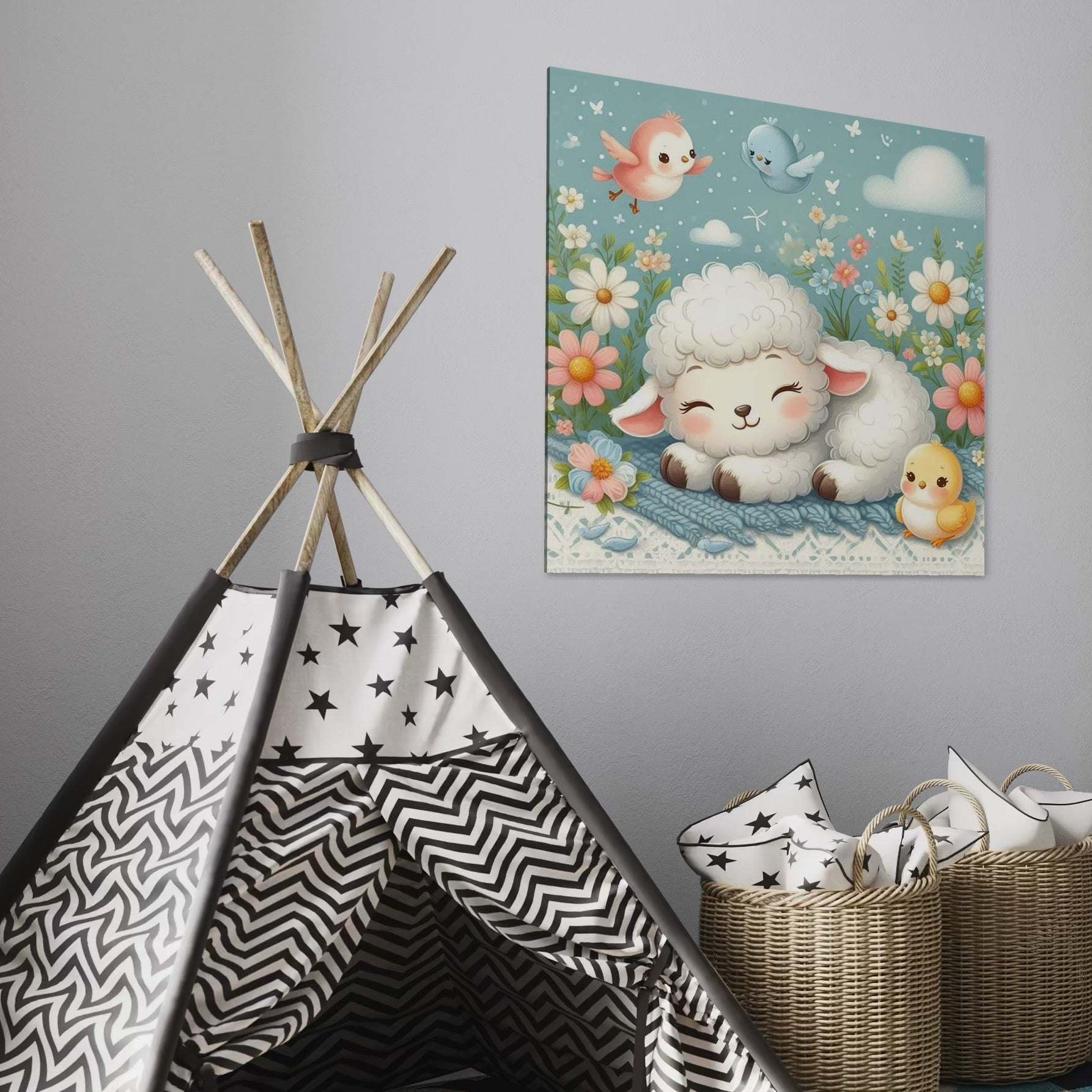 Tablou Canvas Premium, LuxCanva® K1047, Mieluselul Visator, Pui, Pasarele, Zbor, Pastelat, Lana, Flori, Armonie, Fluturi, Adormit, Gradina, Liniste, Veselie, Animalute, Camera Copil, Dormitor