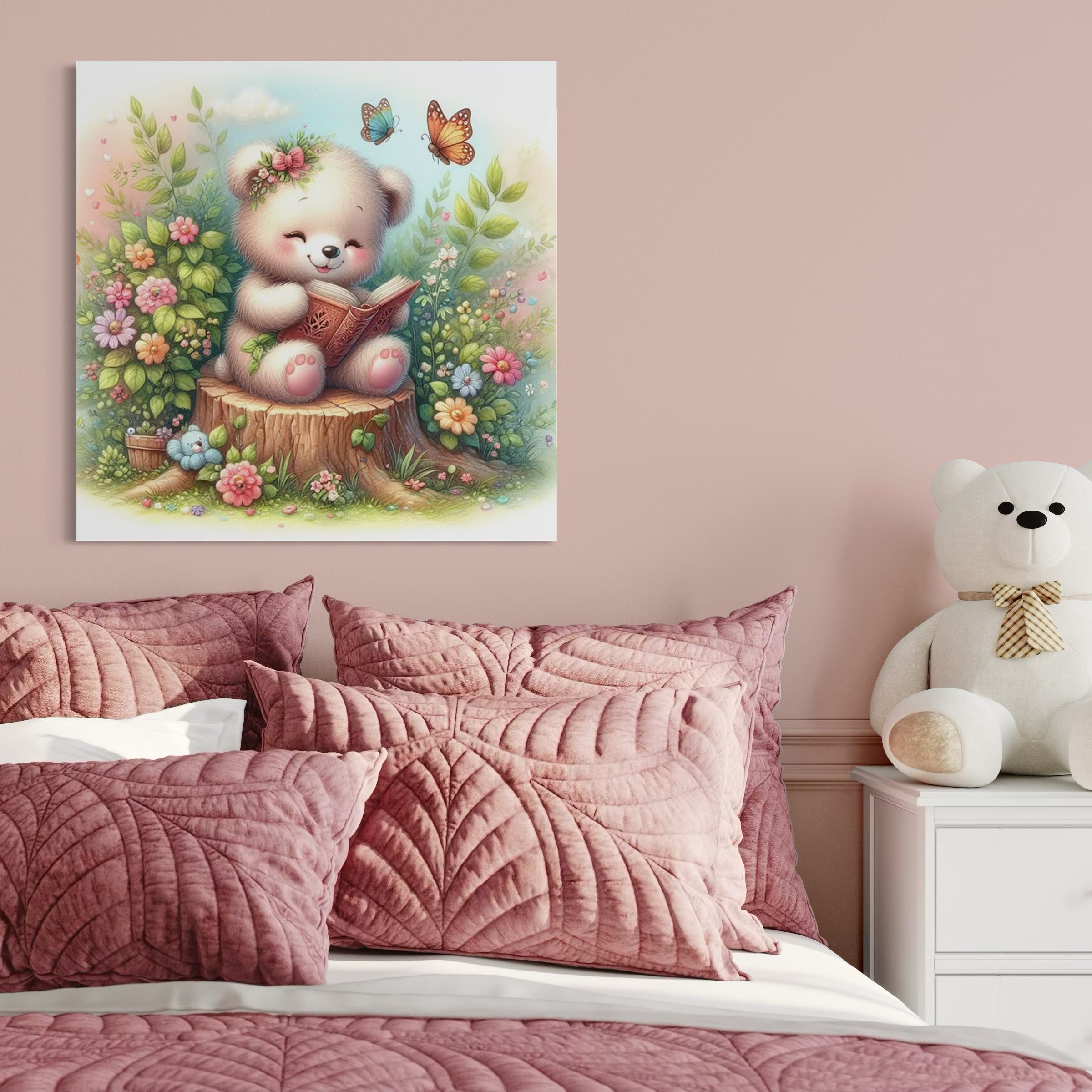 Tablou Canvas Premium, LuxCanva® K1048, Ursuletul Povestitor, Carte, Flori, Trunchi, Copac, Fluturasi, Lectura, Poveste, Fermecat, Magie, Padure, Atmosfera, Liniste, Camera Copil, Dormitor