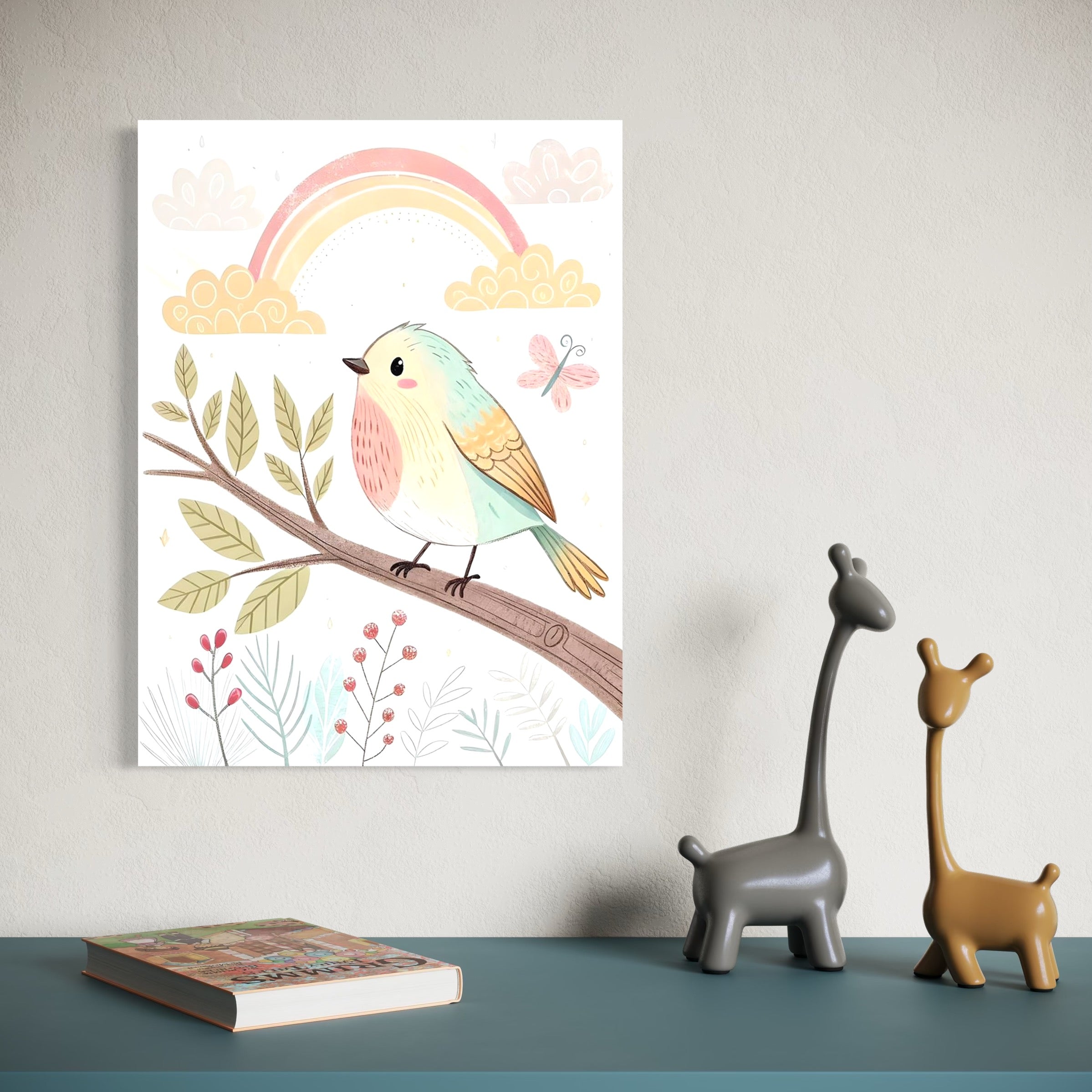 Tablou Canvas Premium, LuxCanva® K1049, Cantec in Culorile Cerului, Pasare, Ramura, Curcubeu, Norisori, Pastel, Fluturasi, Frunze, Flori, Cantecel, Padure, Pajiste, Camera Copil, Dormitor