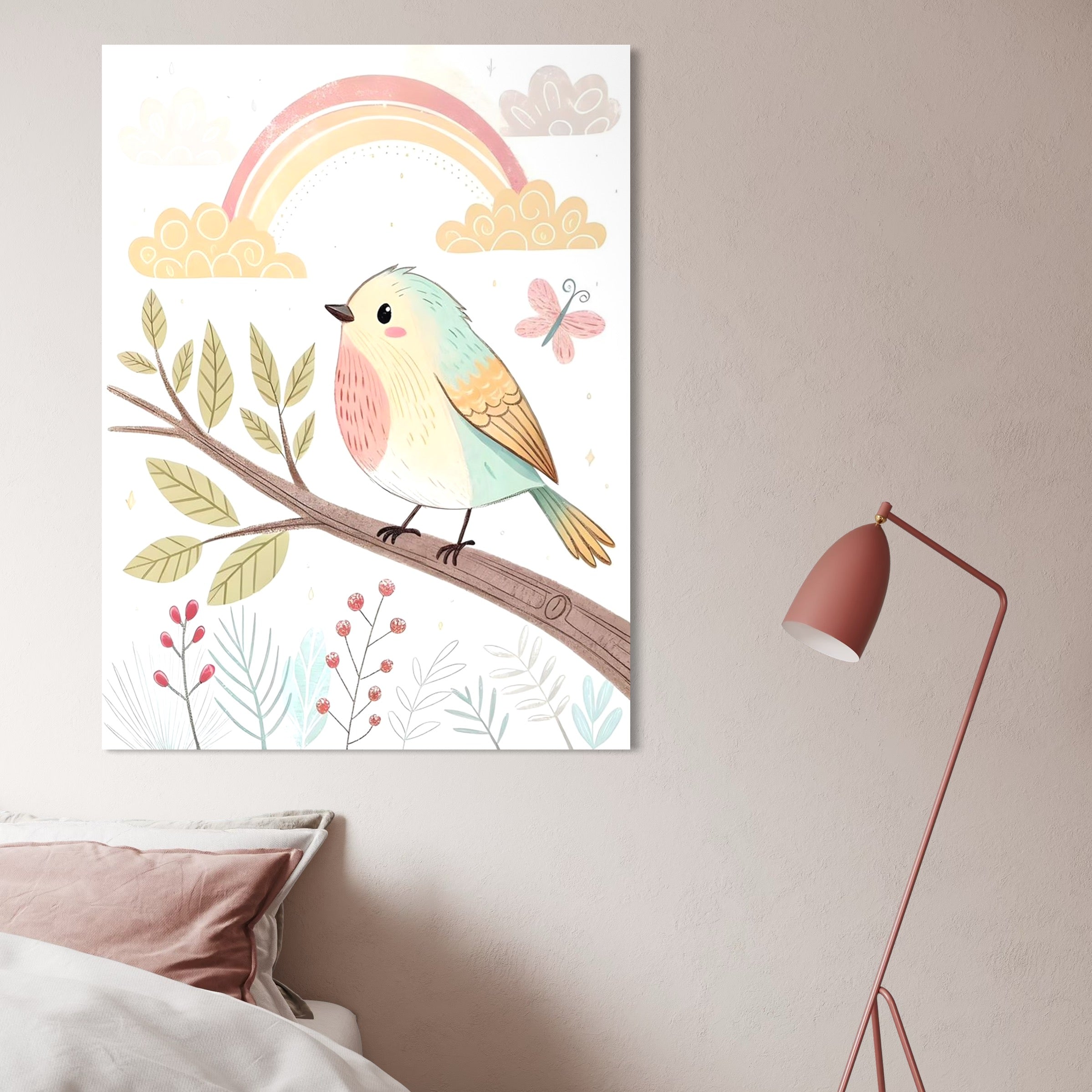 Tablou Canvas Premium, LuxCanva® K1049, Cantec in Culorile Cerului, Pasare, Ramura, Curcubeu, Norisori, Pastel, Fluturasi, Frunze, Flori, Cantecel, Padure, Pajiste, Camera Copil, Dormitor