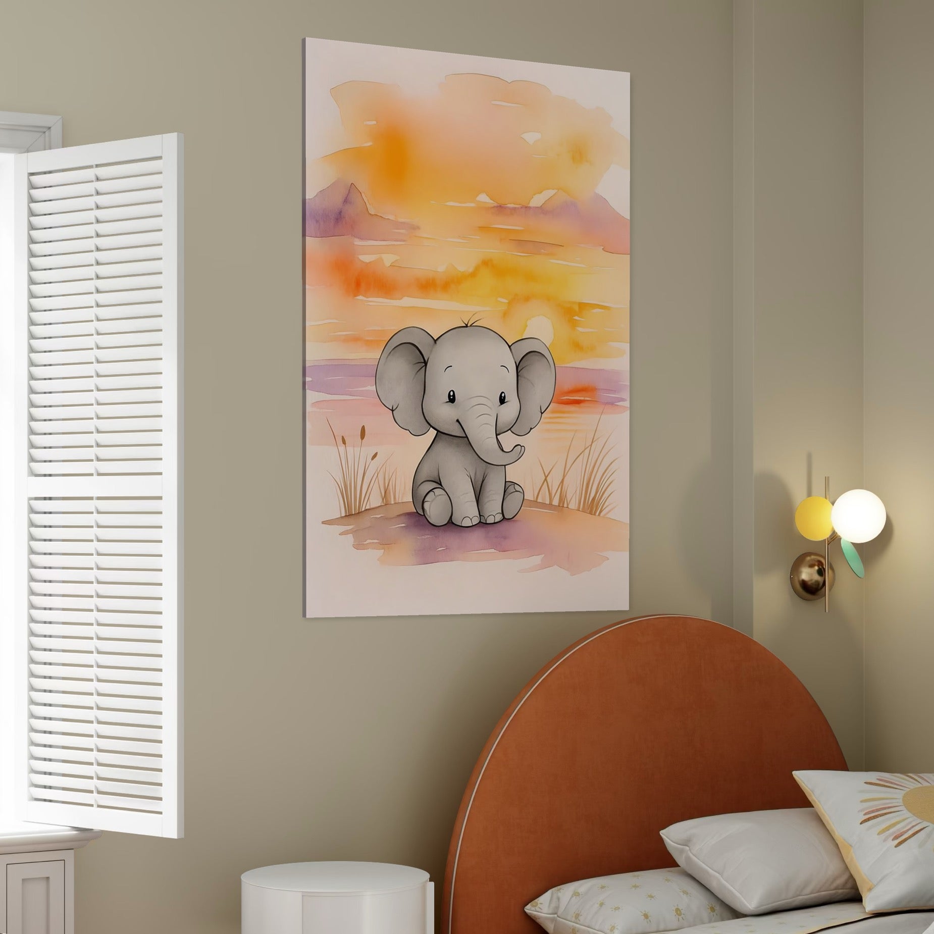 Tablou Canvas Premium, LuxCanva® K1050, Elefantelul de la Apus, Seara, Calda, Savana, Vise, Soare, Zambet, Urechi, Inima, Blanda, Portocaliu, Liliac, Acuarela, Camera Copil, Dormitor