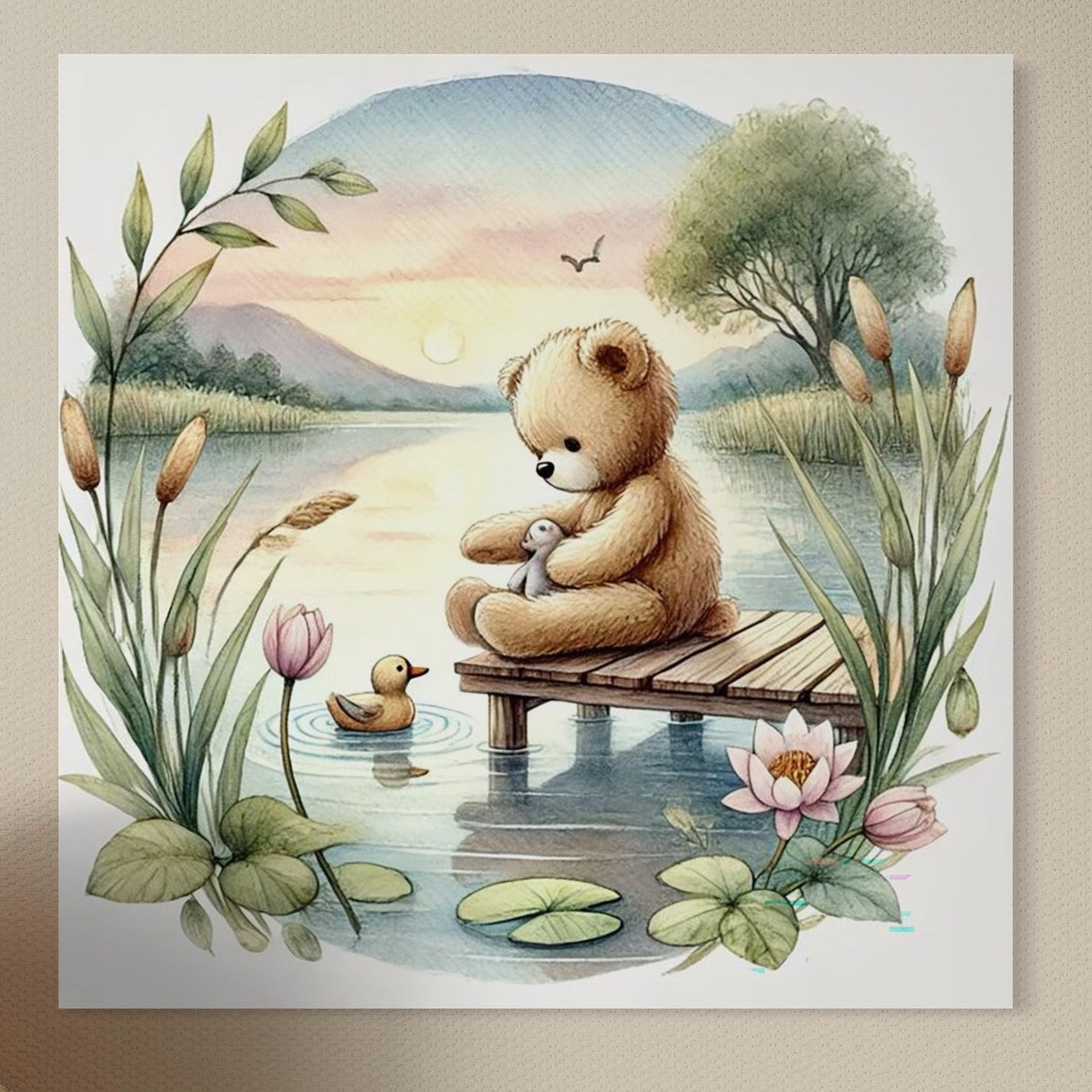 Tablou Canvas Premium, LuxCanva® K1052, Ursuletul si Ratusca, Mal, Ponton, Nuferi, Apus, Bland, Rasarit, Lac, Fermecat, Visare, Poetic, Prietenie, Legatura, Camera Copil, Dormitor