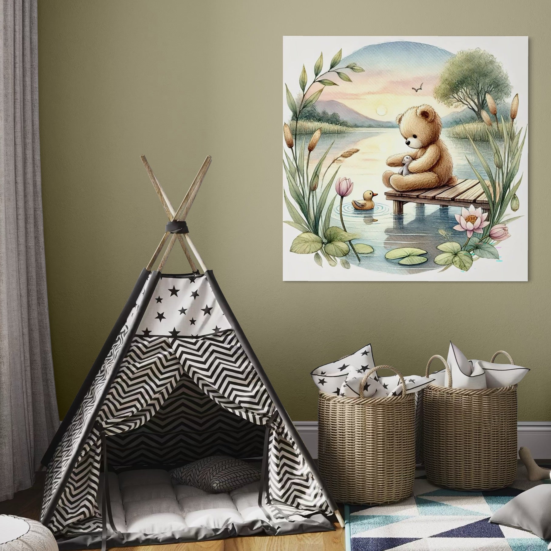 Tablou Canvas Premium, LuxCanva® K1052, Ursuletul si Ratusca, Mal, Ponton, Nuferi, Apus, Bland, Rasarit, Lac, Fermecat, Visare, Poetic, Prietenie, Legatura, Camera Copil, Dormitor