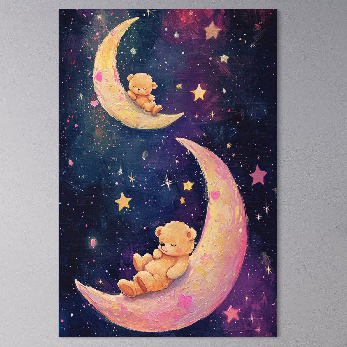 Tablou Canvas Premium, LuxCanva® K1053, Somn Usor Printre Stele, Ursuleti, Semiluna, Stele, Noapte, Visare, Leagan, Catifea, Pufos, Roz, Univers, Copii, Magie, Pastel, Camera Copil, Dormitor