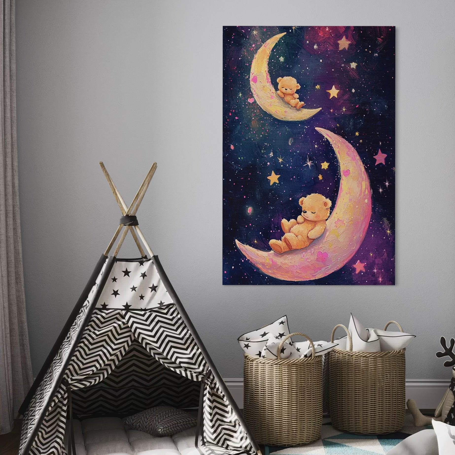 Tablou Canvas Premium, LuxCanva® K1053, Somn Usor Printre Stele, Ursuleti, Semiluna, Stele, Noapte, Visare, Leagan, Catifea, Pufos, Roz, Univers, Copii, Magie, Pastel, Camera Copil, Dormitor