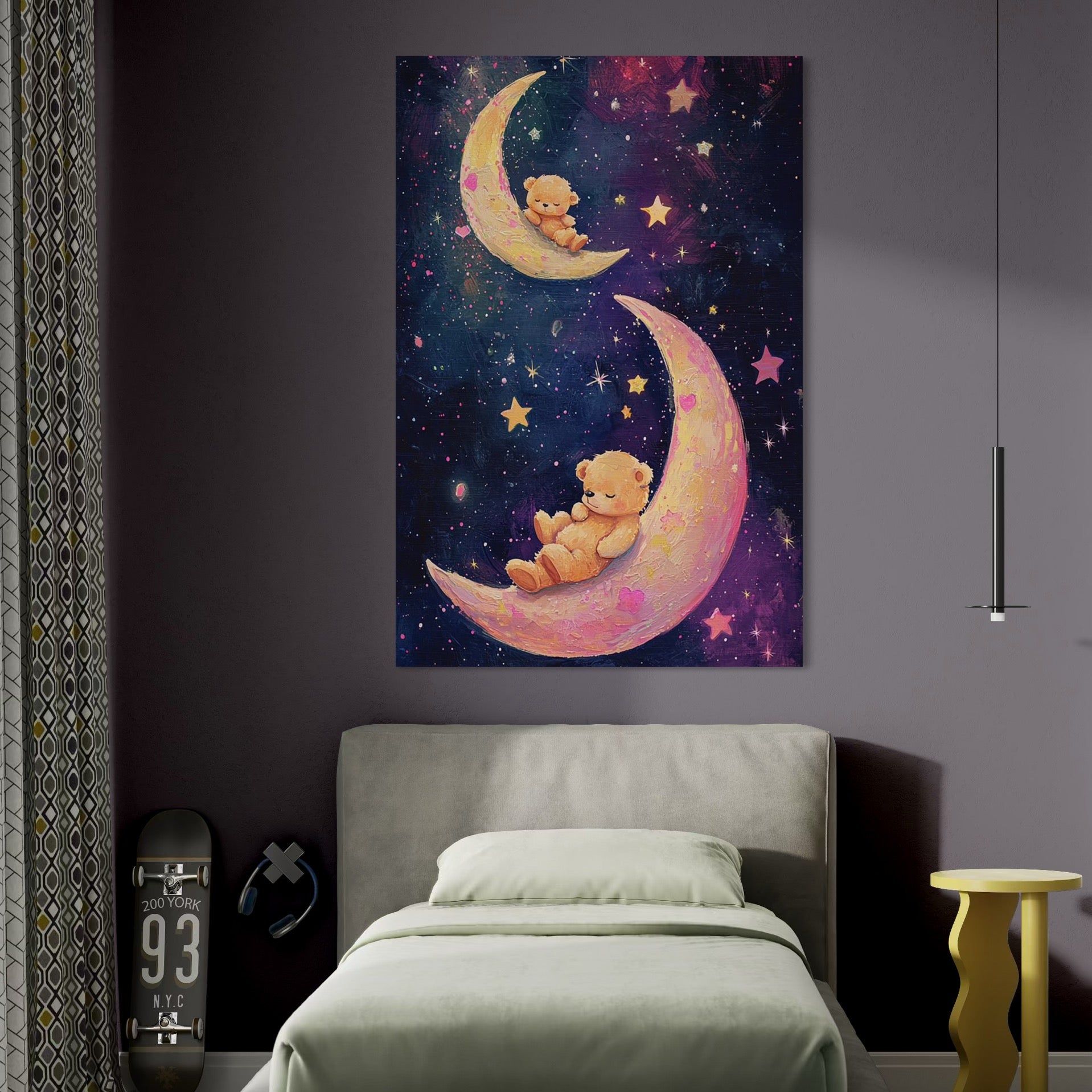 Tablou Canvas Premium, LuxCanva® K1053, Somn Usor Printre Stele, Ursuleti, Semiluna, Stele, Noapte, Visare, Leagan, Catifea, Pufos, Roz, Univers, Copii, Magie, Pastel, Camera Copil, Dormitor