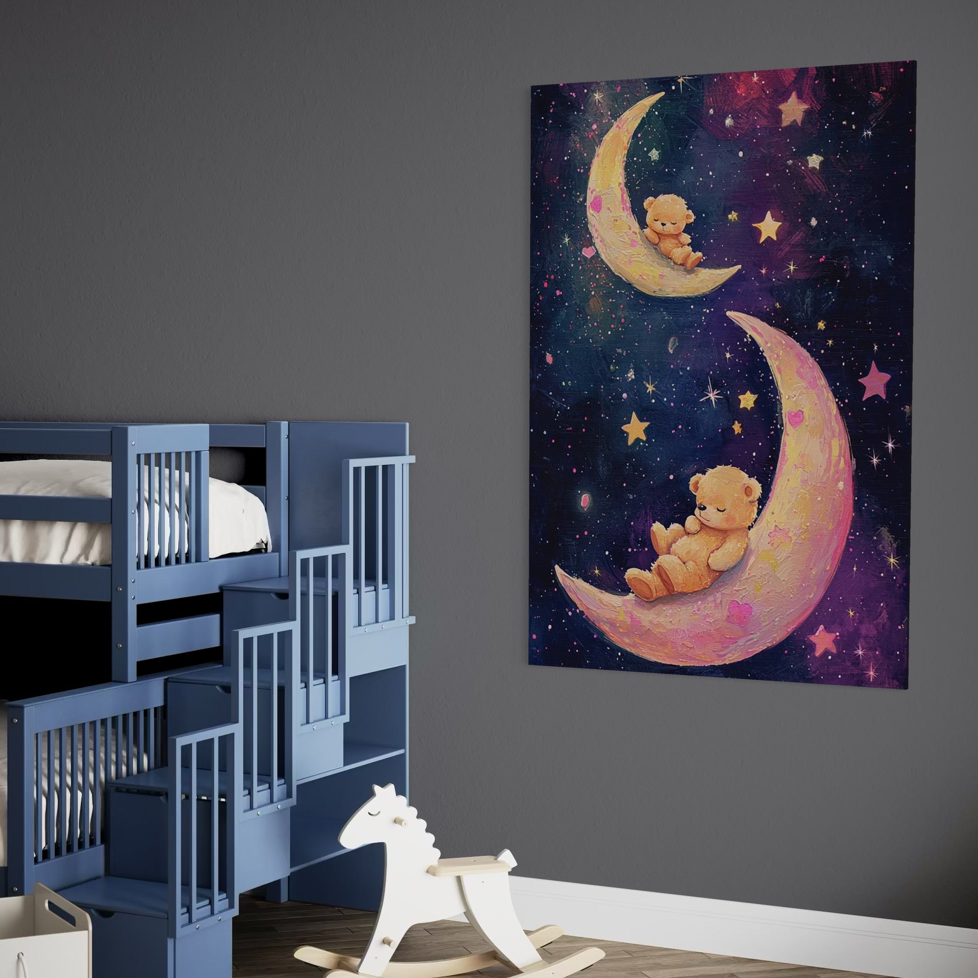 Tablou Canvas Premium, LuxCanva® K1053, Somn Usor Printre Stele, Ursuleti, Semiluna, Stele, Noapte, Visare, Leagan, Catifea, Pufos, Roz, Univers, Copii, Magie, Pastel, Camera Copil, Dormitor