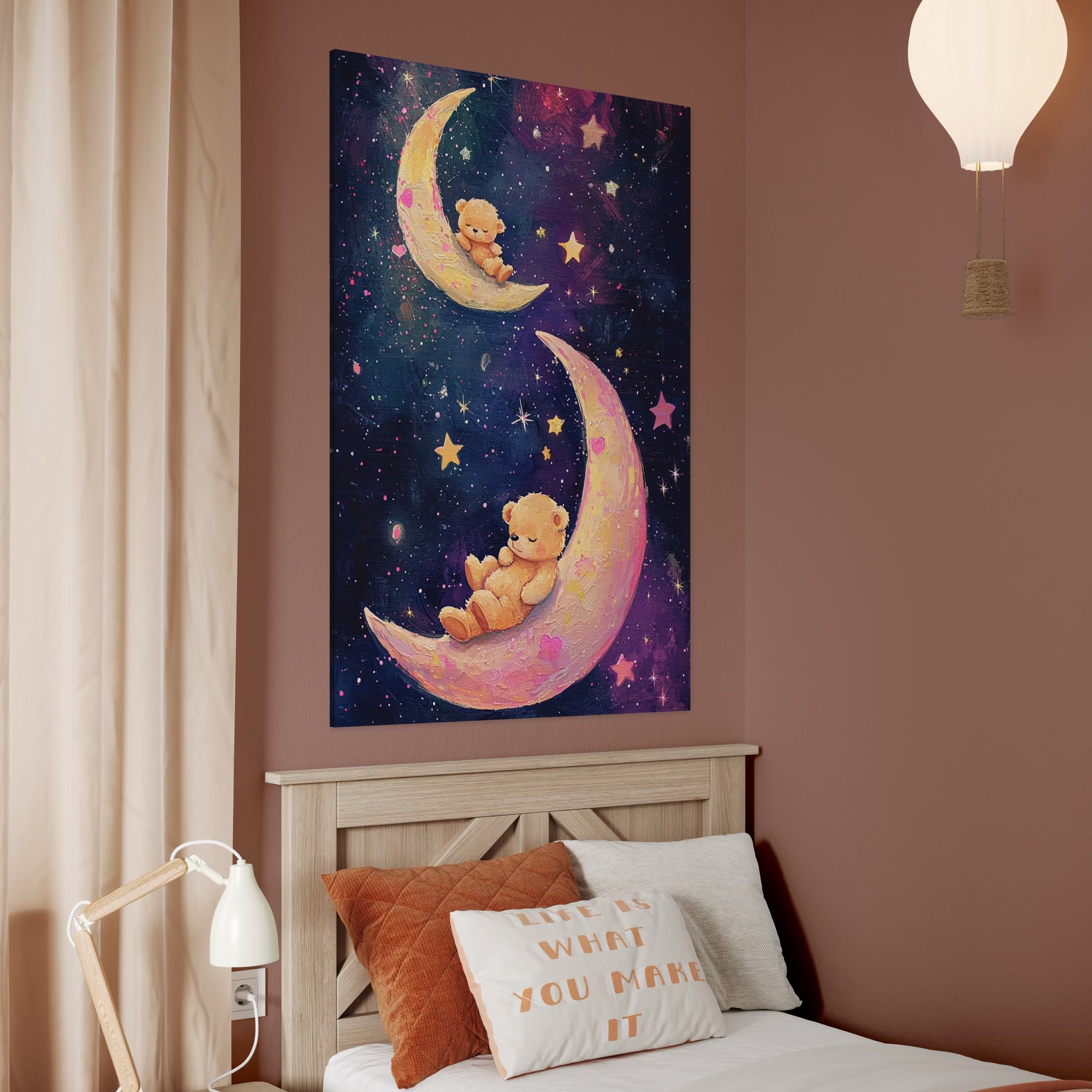 Tablou Canvas Premium, LuxCanva® K1053, Somn Usor Printre Stele, Ursuleti, Semiluna, Stele, Noapte, Visare, Leagan, Catifea, Pufos, Roz, Univers, Copii, Magie, Pastel, Camera Copil, Dormitor