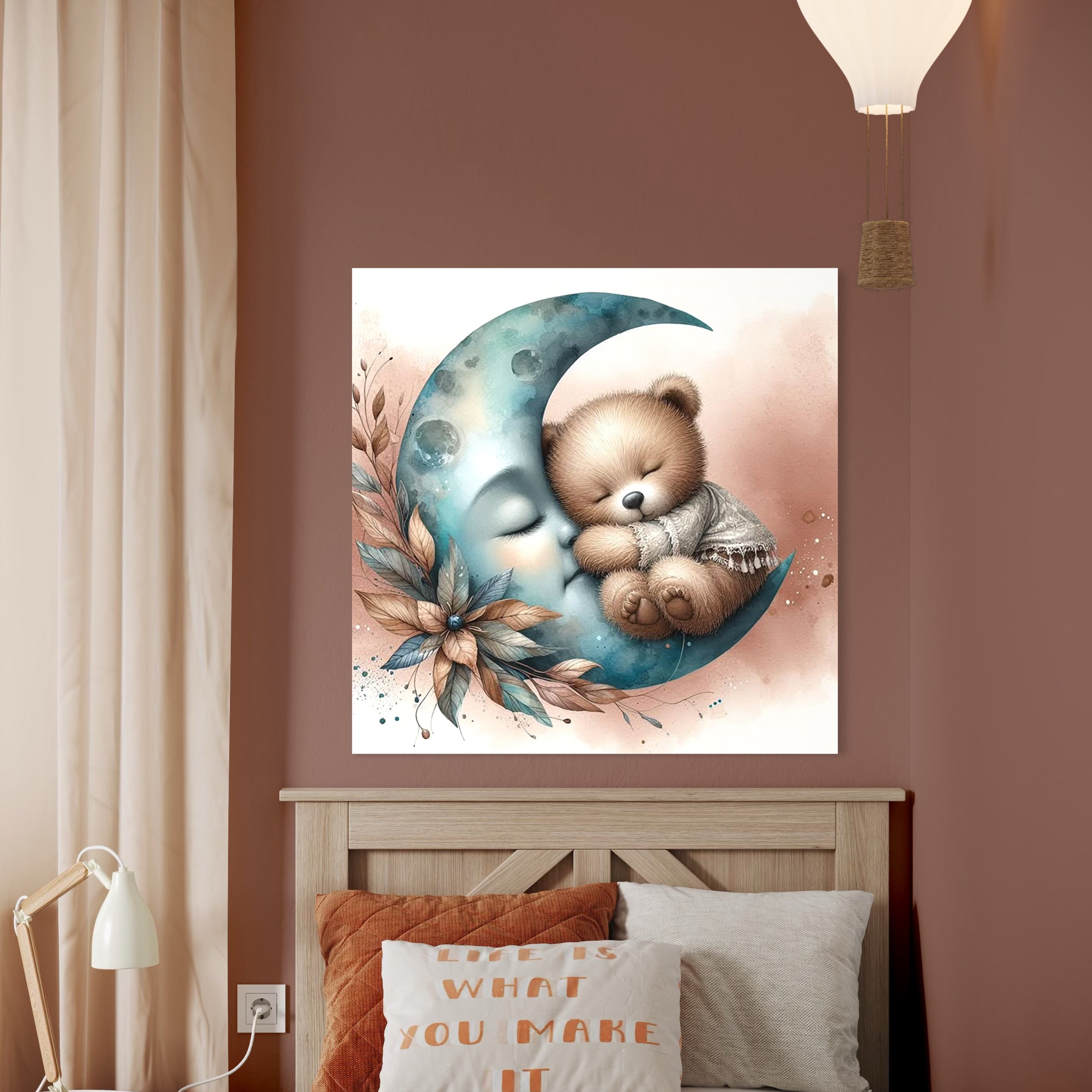 Tablou Canvas Premium, LuxCanva® K1054, In Leaganul Ceresc, Urs, Imbratisare, Luna, Liniste, Ceresc, Protectie, Univers, Albastru, Aurora, Mangaiere, Praf, Stele, Visare, Camera Copil, Dormitor