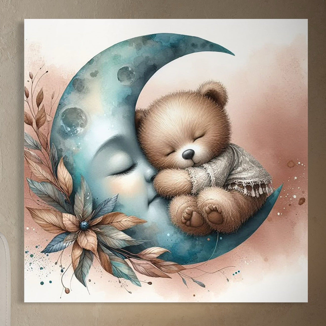 Tablou Canvas Premium, LuxCanva® K1054, In Leaganul Ceresc, Urs, Imbratisare, Luna, Liniste, Ceresc, Protectie, Univers, Albastru, Aurora, Mangaiere, Praf, Stele, Visare, Camera Copil, Dormitor