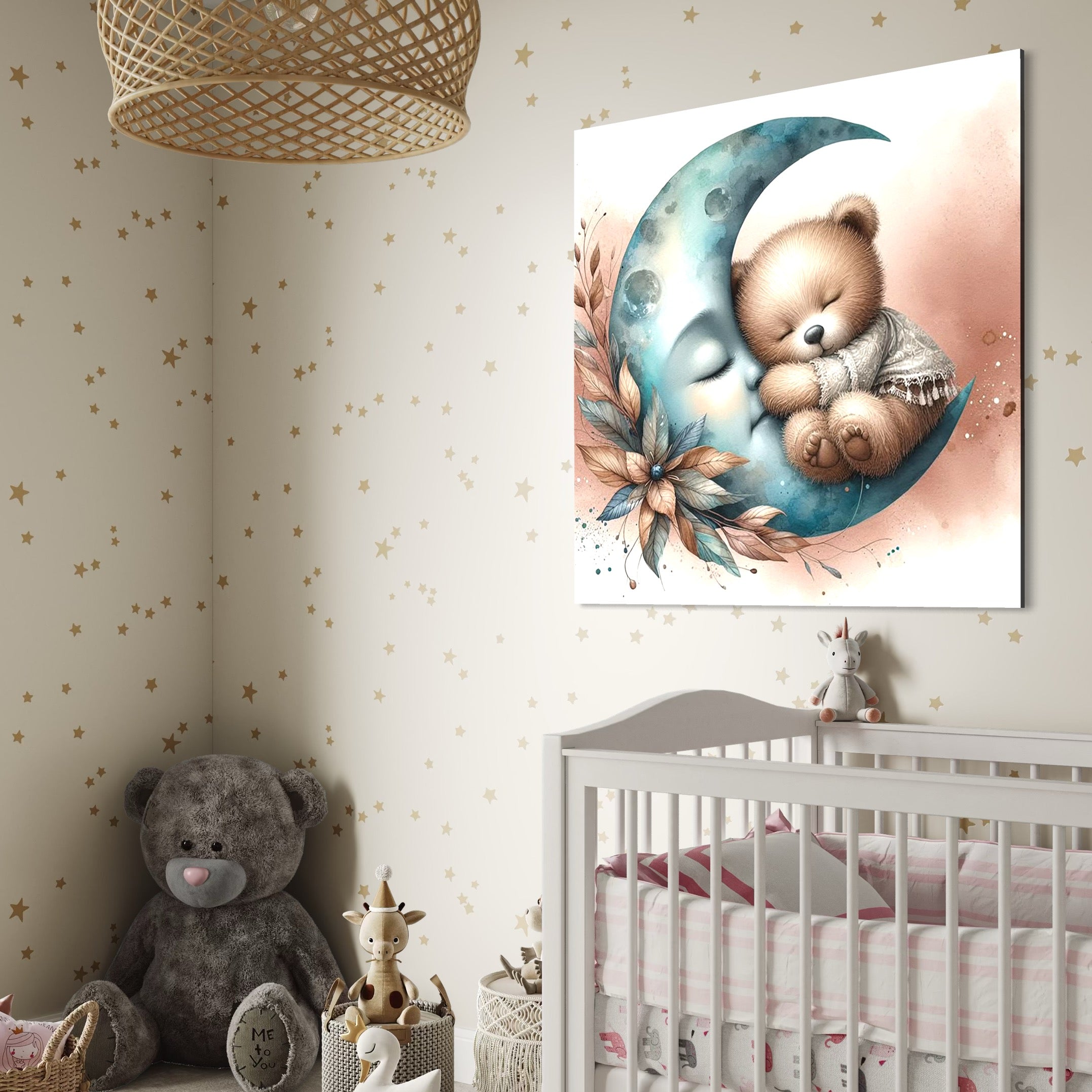 Tablou Canvas Premium, LuxCanva® K1054, In Leaganul Ceresc, Urs, Imbratisare, Luna, Liniste, Ceresc, Protectie, Univers, Albastru, Aurora, Mangaiere, Praf, Stele, Visare, Camera Copil, Dormitor