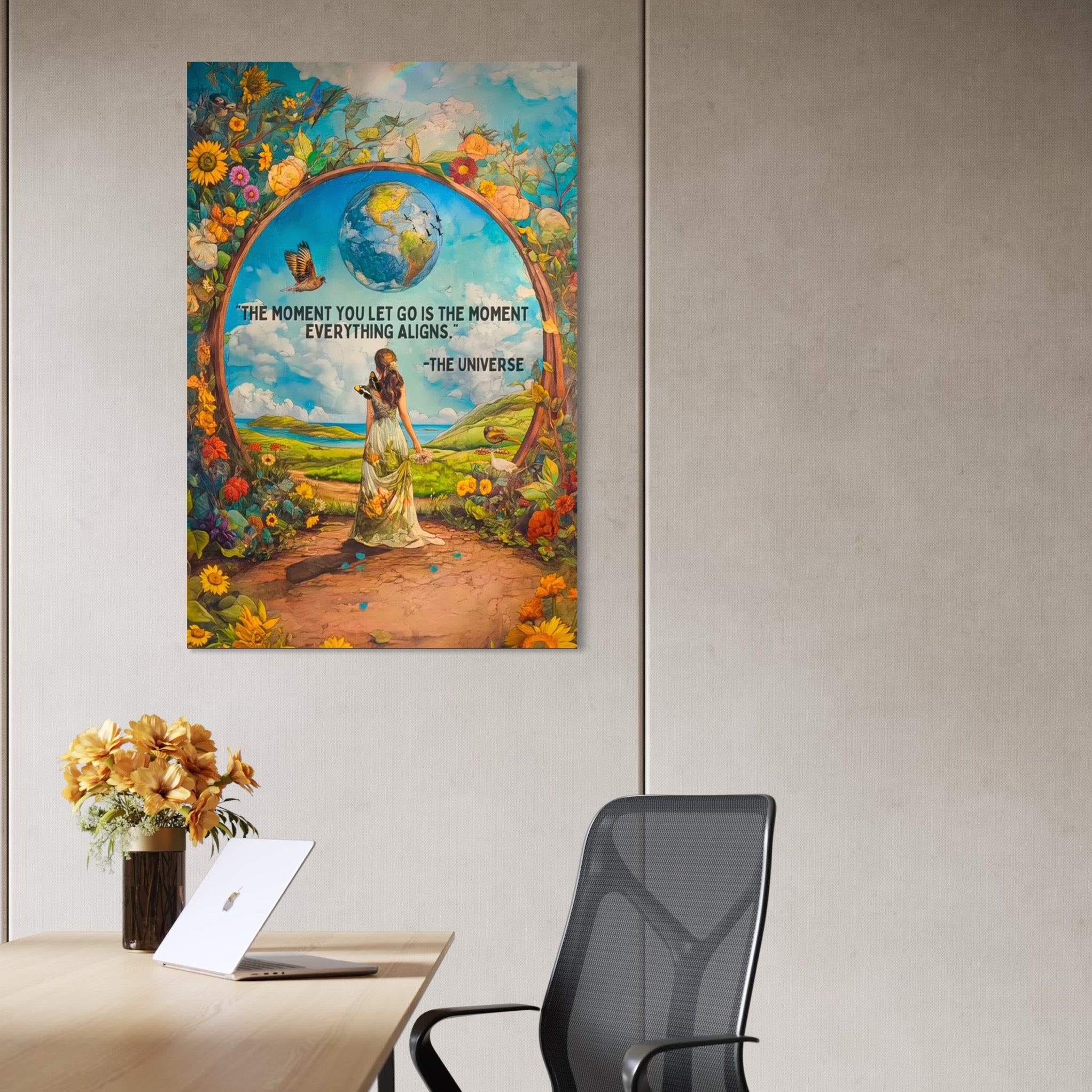 Tablou Canvas Premium, LuxCanva® Q1000, Liniste si Aliniere, Moment, Aliniere, Renastere, Raspuns, Univers, Armonie, Destin, Poarta, Glob, Pamantesc, Flori, Pasari, Cer, Femeie, Birou, Dormitor