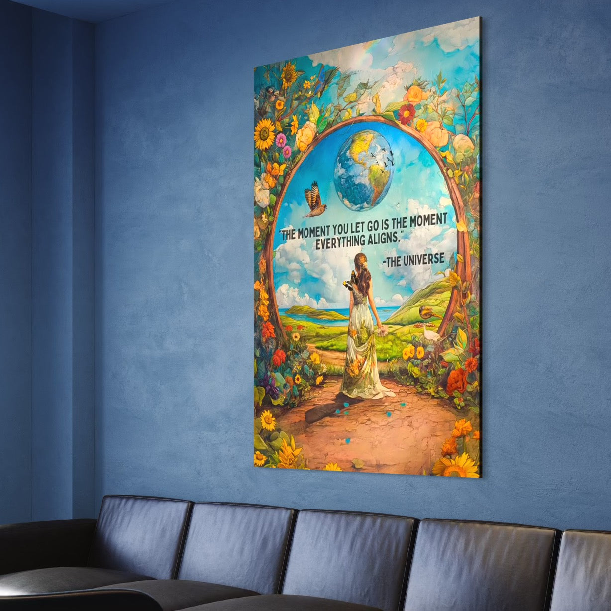 Tablou Canvas Premium, LuxCanva® Q1000, Liniste si Aliniere, Moment, Aliniere, Renastere, Raspuns, Univers, Armonie, Destin, Poarta, Glob, Pamantesc, Flori, Pasari, Cer, Femeie, Birou, Dormitor