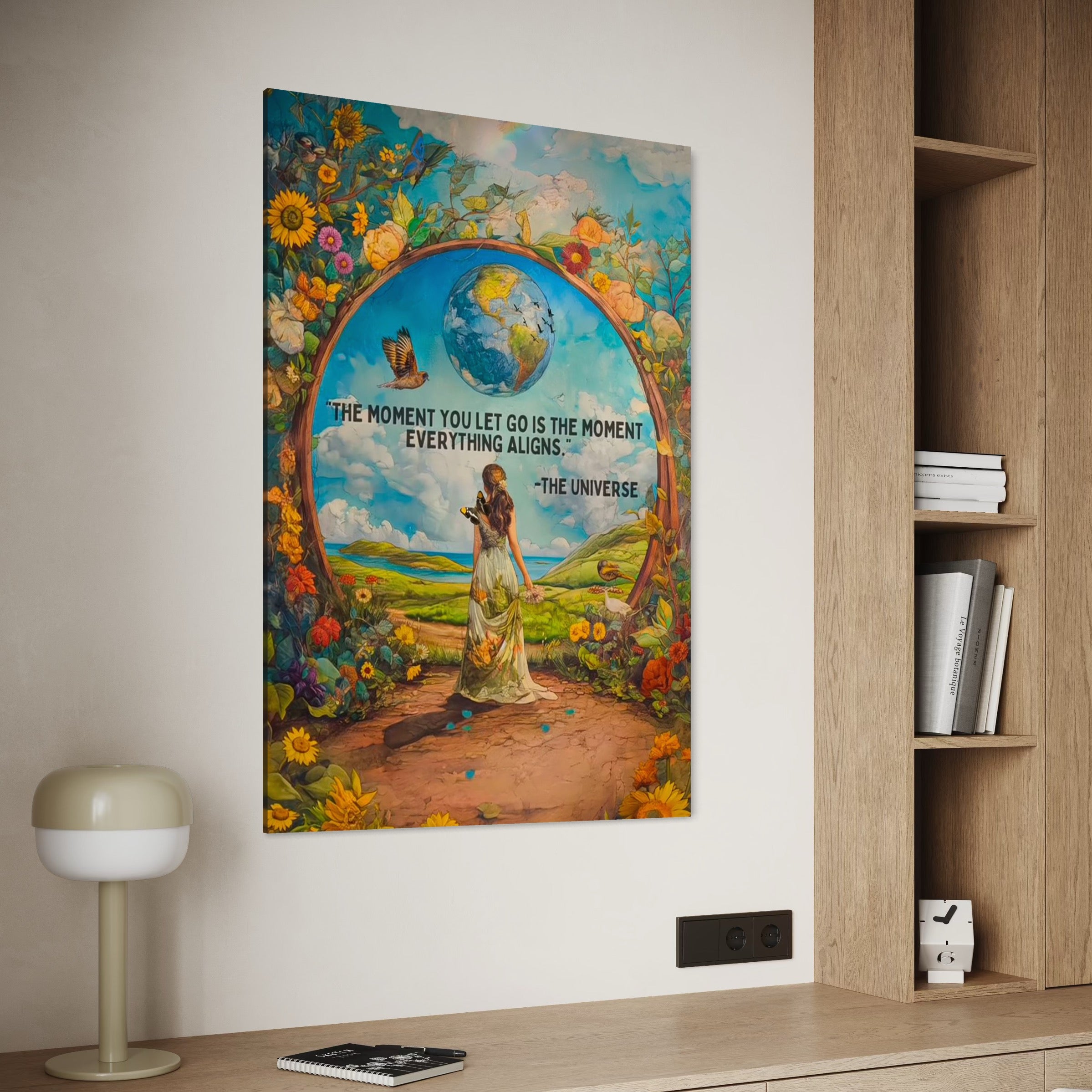 Tablou Canvas Premium, LuxCanva® Q1000, Liniste si Aliniere, Moment, Aliniere, Renastere, Raspuns, Univers, Armonie, Destin, Poarta, Glob, Pamantesc, Flori, Pasari, Cer, Femeie, Birou, Dormitor